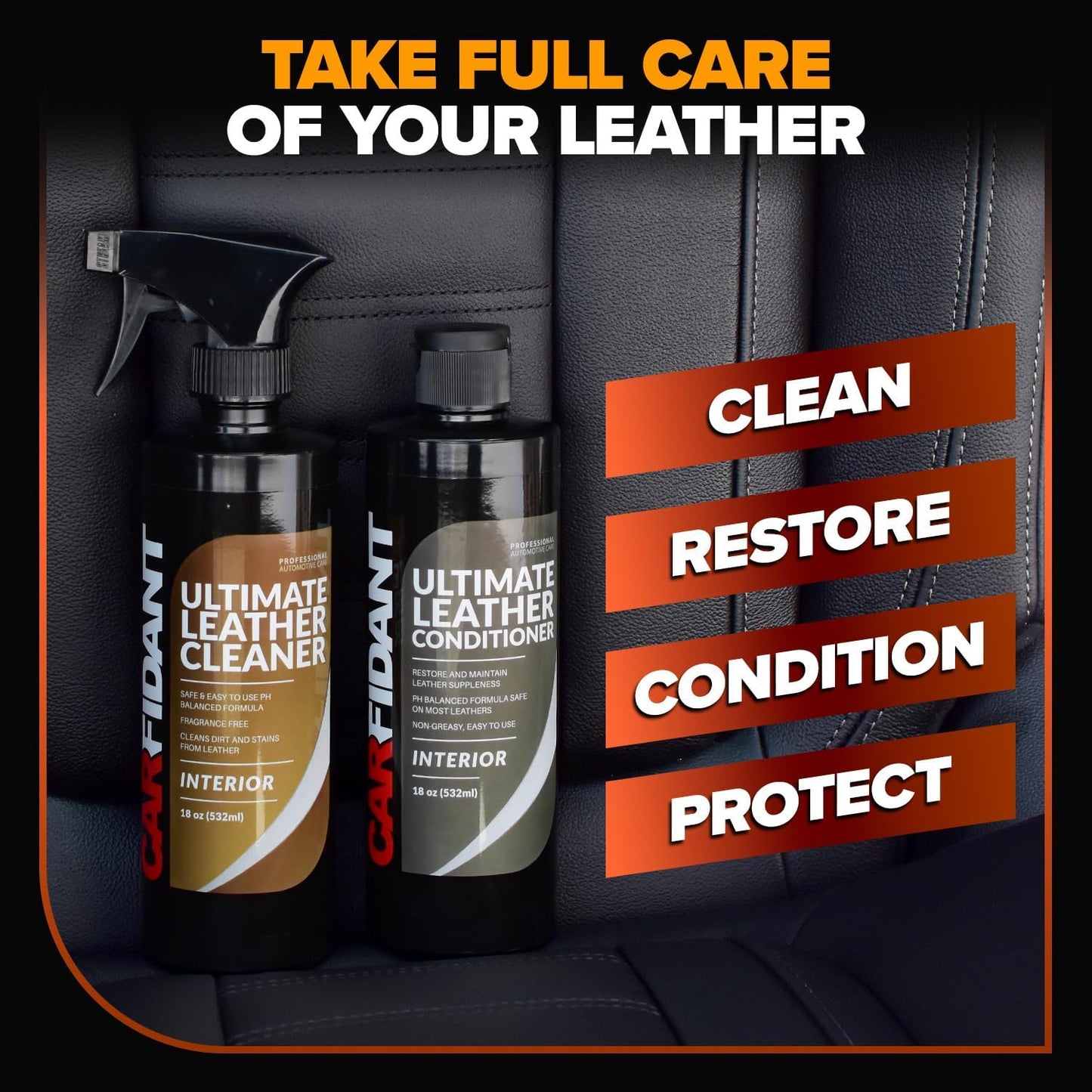 Carfidant Leather Cleaner & Conditioner Kit - Car Seat, Couch, Sofa, Shoes, Bags, Furniture - Restores & Protects - Includes Cleaning Pad & Microfiber Towel - pH Balanced Leather Care