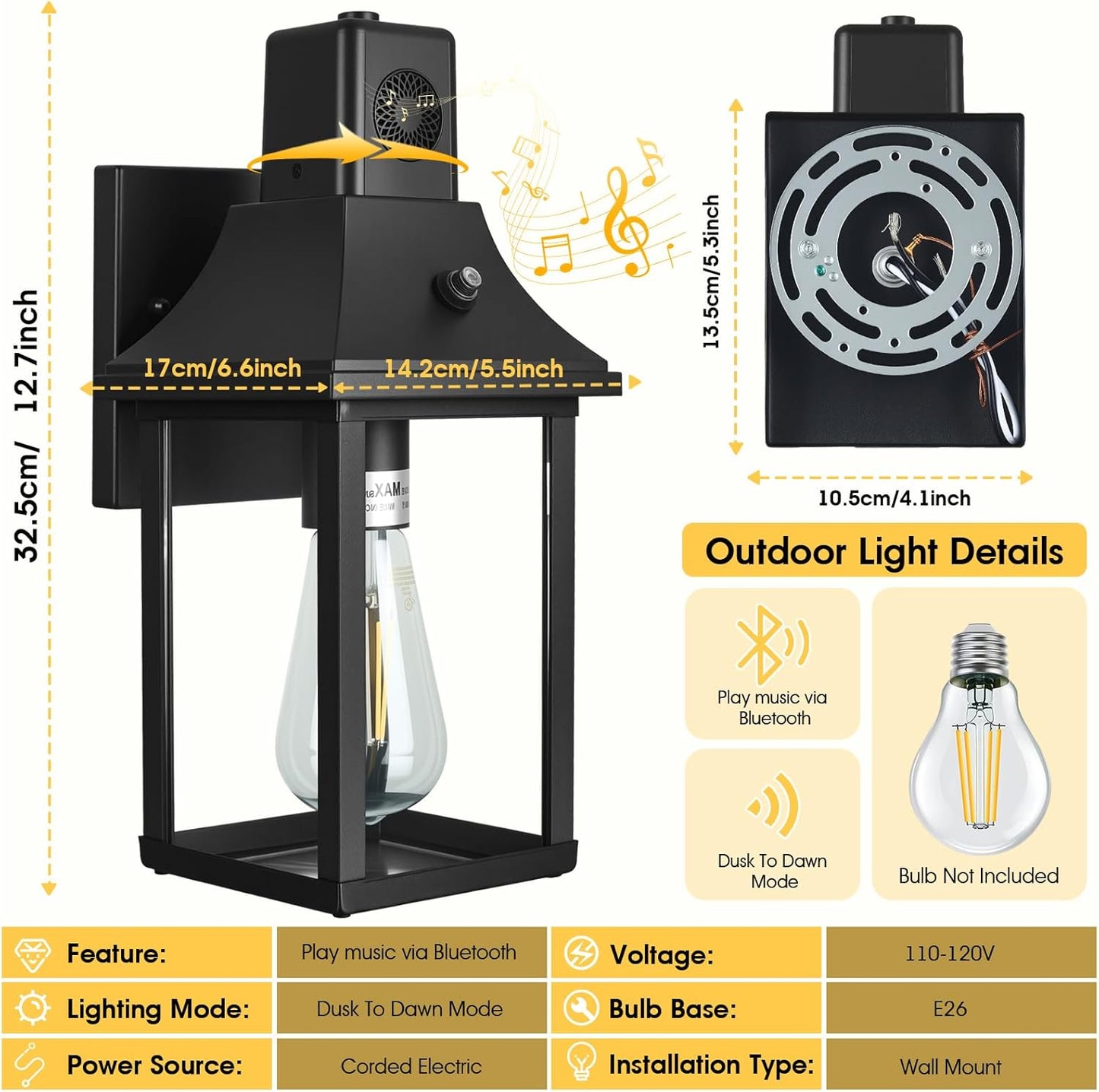 2PACK Bluetooth Speaker Outdoor Wall Lights - Porch Lights Outdoor with Dusk to Dawn Sensor, Waterproof Exterior Lighting Fixtures for House, Garage, Front Door, E26, Black