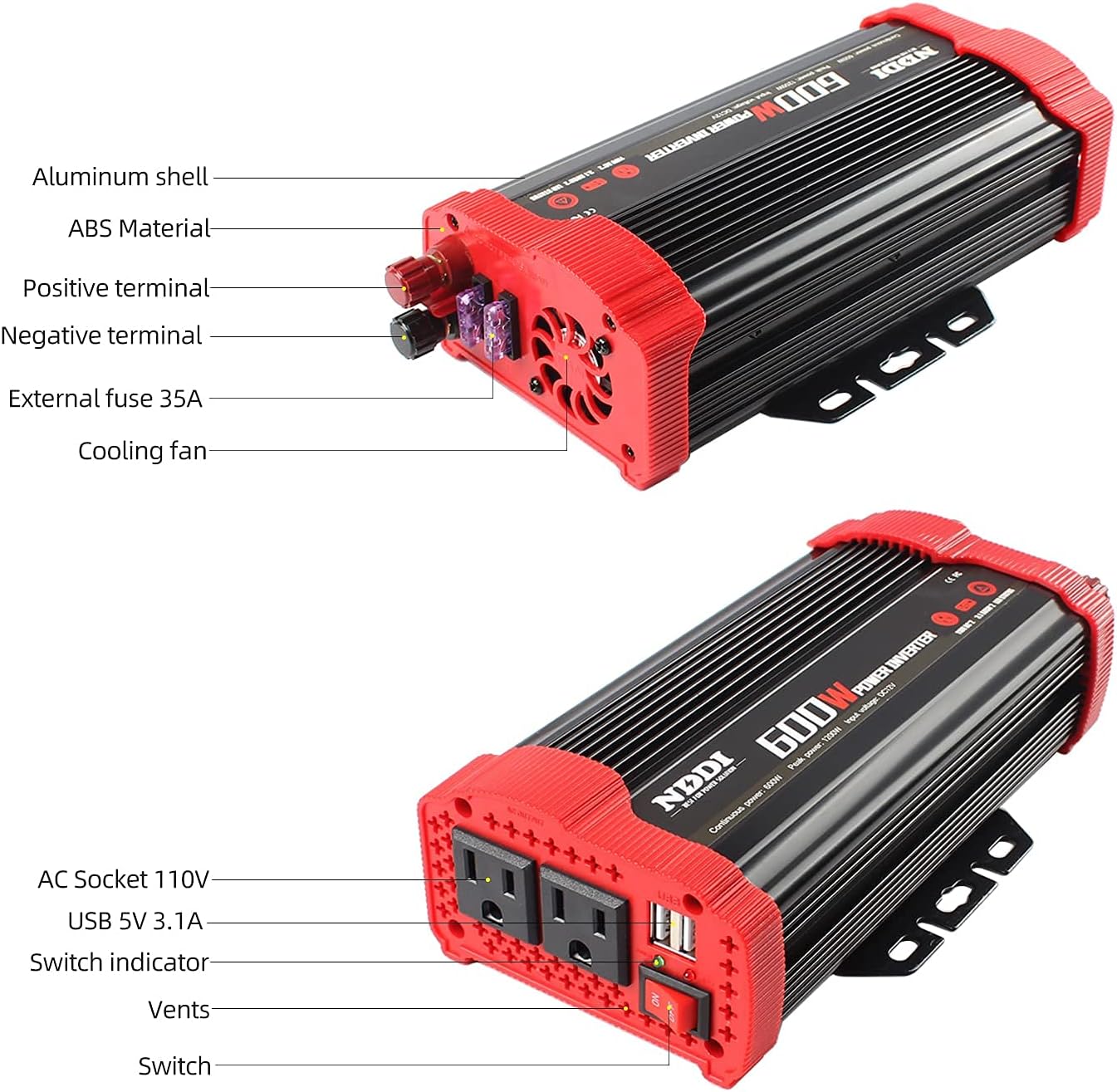 600W Car Power Inverter 12V DC to 110V AC Converter with 3.1 A Dual USB Quick Car Charger Adapter for Laptops and Smartphones