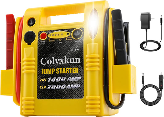 12V/24V Jump Starter,2800/1400 Peak Amp,Battery Jump Starter for Truck Car Tractor Excavator,Pure Copper Jumper Cables,Jump Box Includes Dual USB and DC Ports Power,LED Work Light