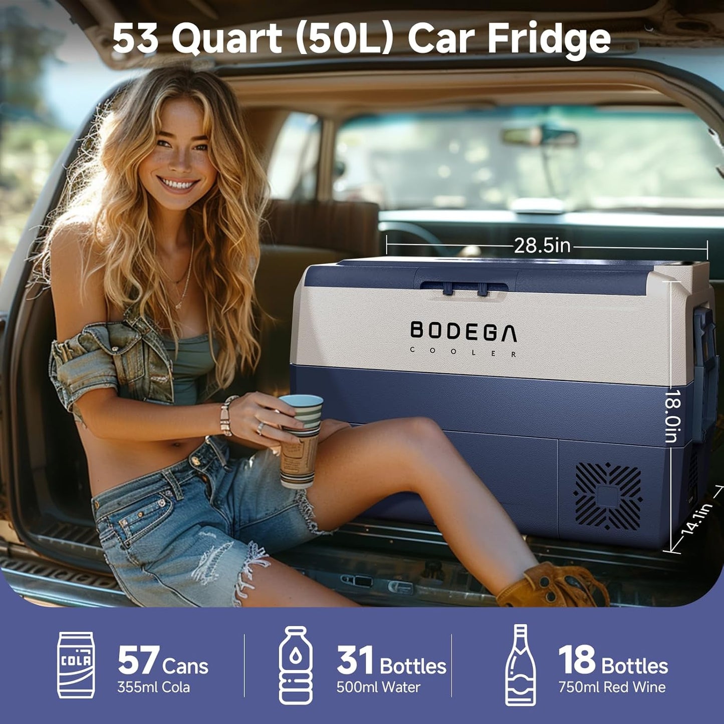 BODEGACOOLER 12 Volt Car Refrigerator,53Quart RV Fridge APP Control, Portable Car Freezer, (50L) -4℉-68℉ RV Electric Compressor Cooler 12/24V DC and 100-240V AC for Outdoor,Camping,Travel,Road Trip