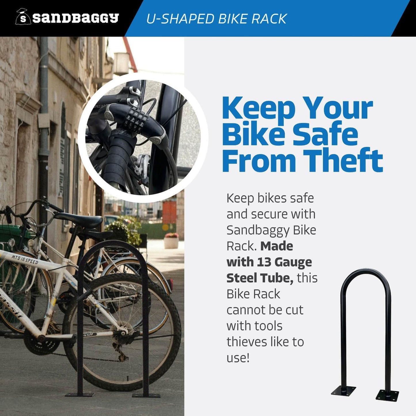 Sandbaggy U Shaped Bike Rack - Outdoor, Commercial - Galvanized Steel - Surface/Ground Mounted (2, Blue)