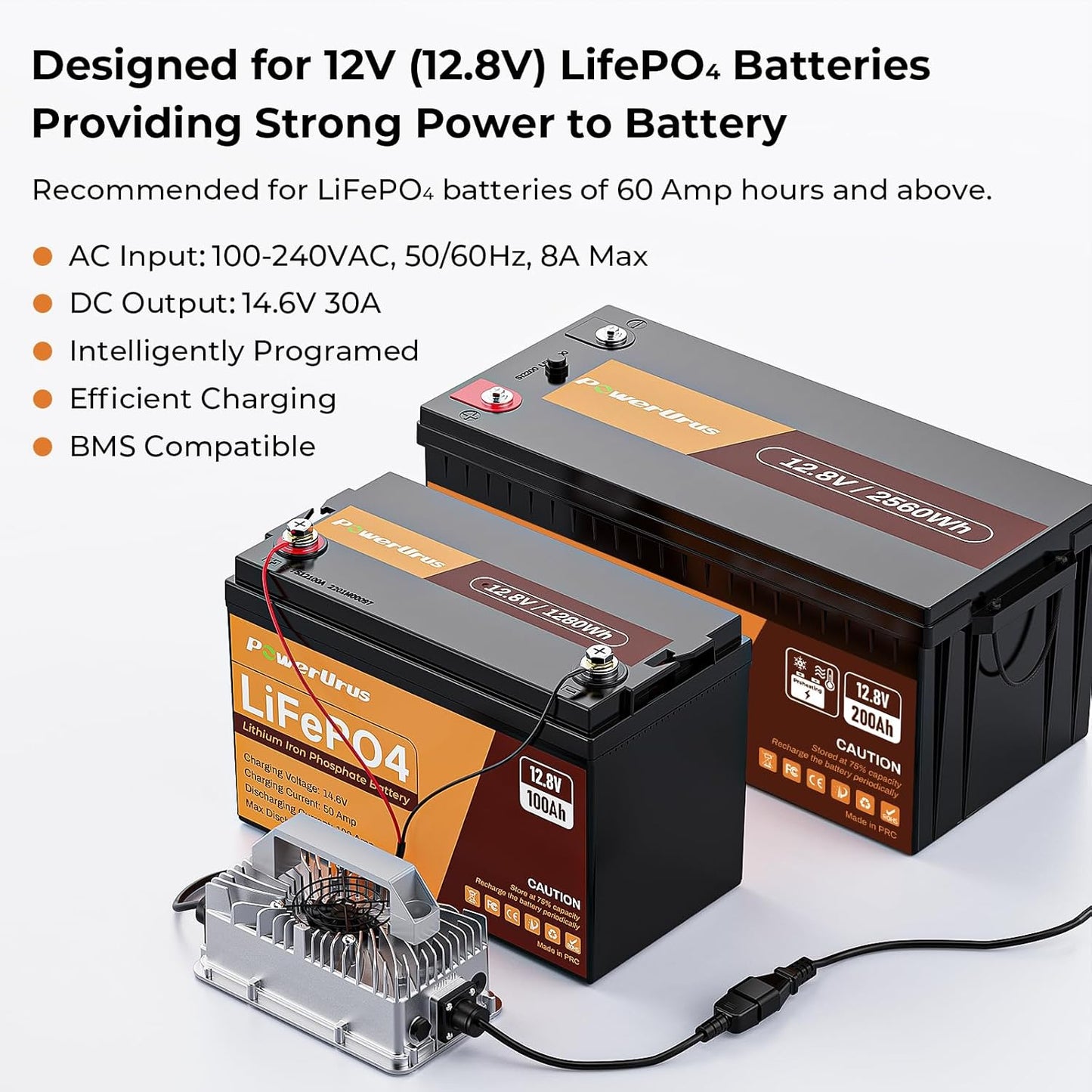 12V 30A LiFePO4 Battery Charger, PowerUrus 12V Lithium LiFePO4 Battery Charger 14.6V Lithium Battery Chargers, 30A Smart Battery Maintainer, Designed for 12v LiFepO4 Deep Cycle Rechargeable Batteries