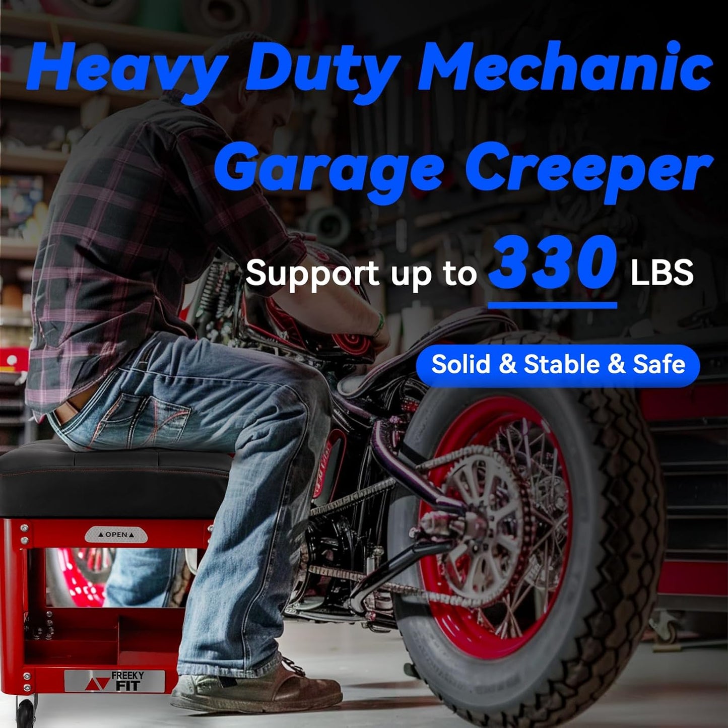 Rolling Creeper Garage Shop Seat for Men, Padded Mechanics Stool with Tool Tray Storage for Garage, Rolling Workshop Stool with Wheels, Auto Creeper Seat, 330 LBS Capacity, Heavy Duty, Red