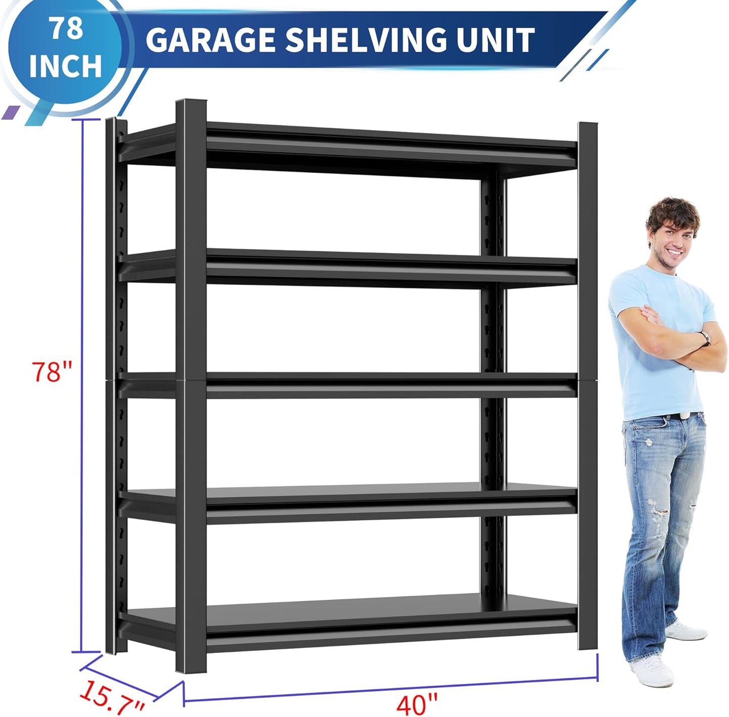 2 Sets Metal Garage Shelving Unit,78"H Heavy Duty 5-Tier Adjustable Storage Rack,16"D x 40"W x 78"H Steel Shelving,3000 lbs Industrial Shelves for Heavy Tools and Equipment,Ideal for Garage, Basement