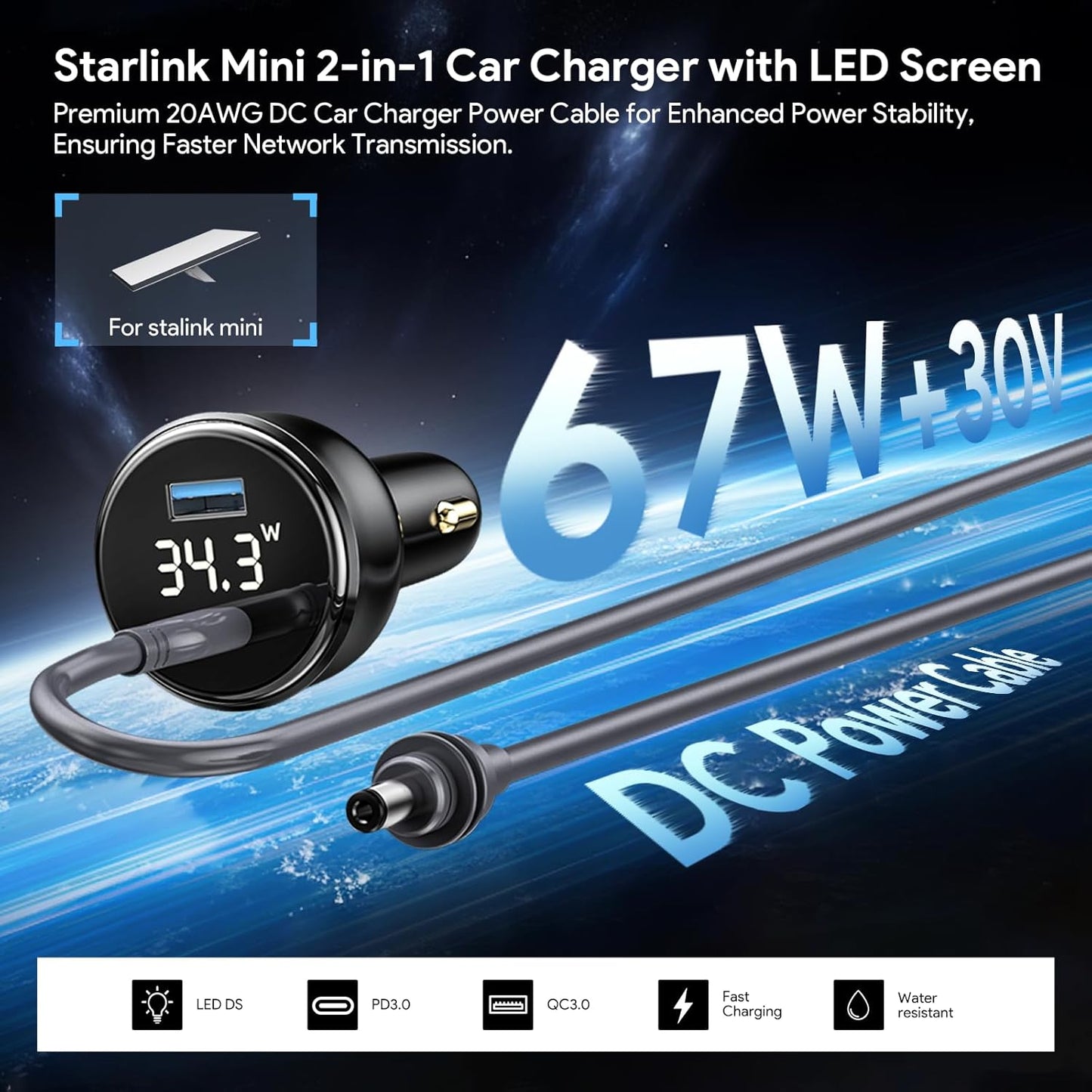 EDUP Starlink Mini Car Adapter DC Power Cable & Starlink Cigarette Lighter Adapter with Digital Display, Waterproof Car Charging Cable,USB A 35W & USB C 65W Ports for Star Link Mini (5M/ 16.4FT)