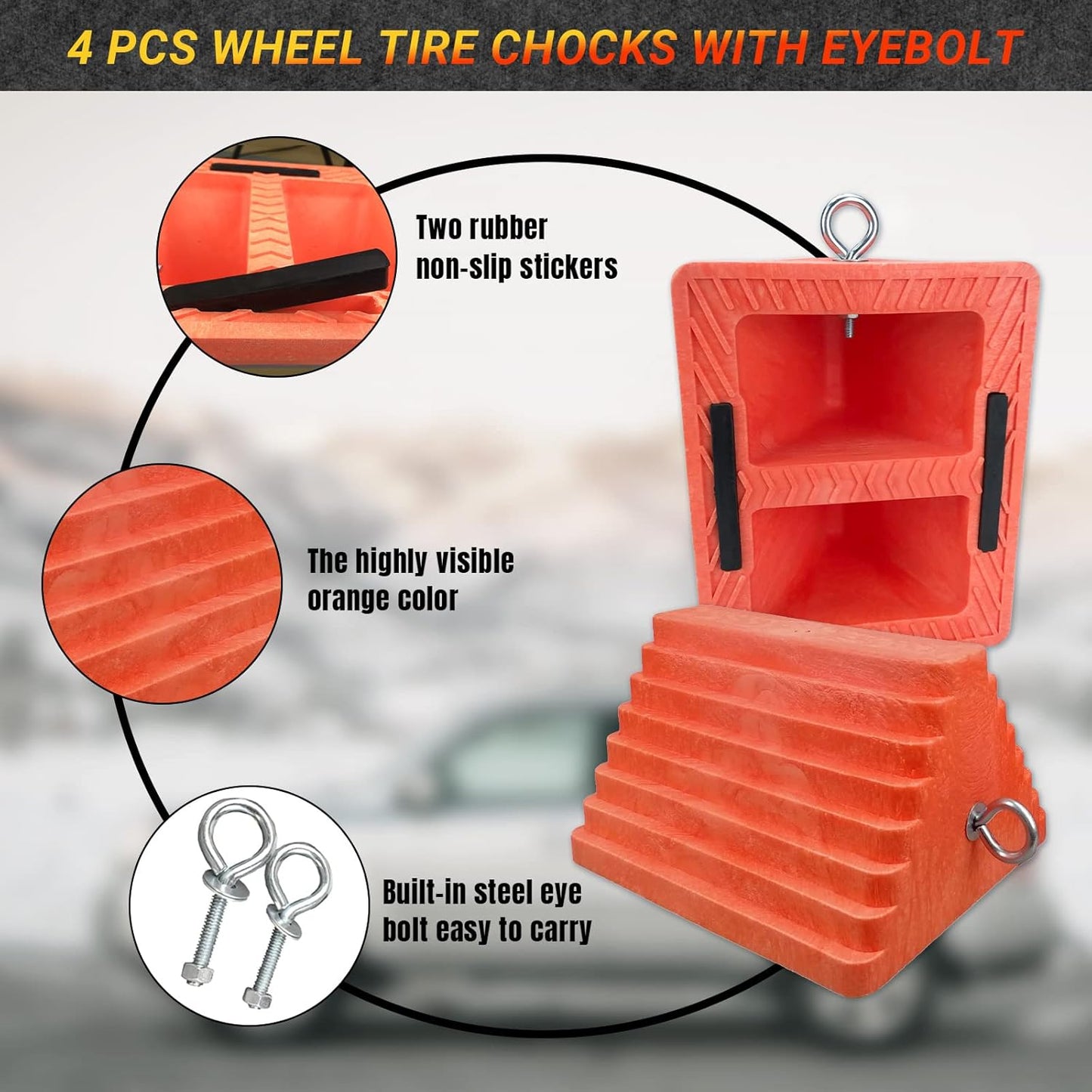 Premium 4 pcs Heavy Duty Wheel Tire Chocks, Vehicle Chocks with Eyebolt for Travel Trailers, Camper, Truck, Car and ATV 4 Pack, Orange