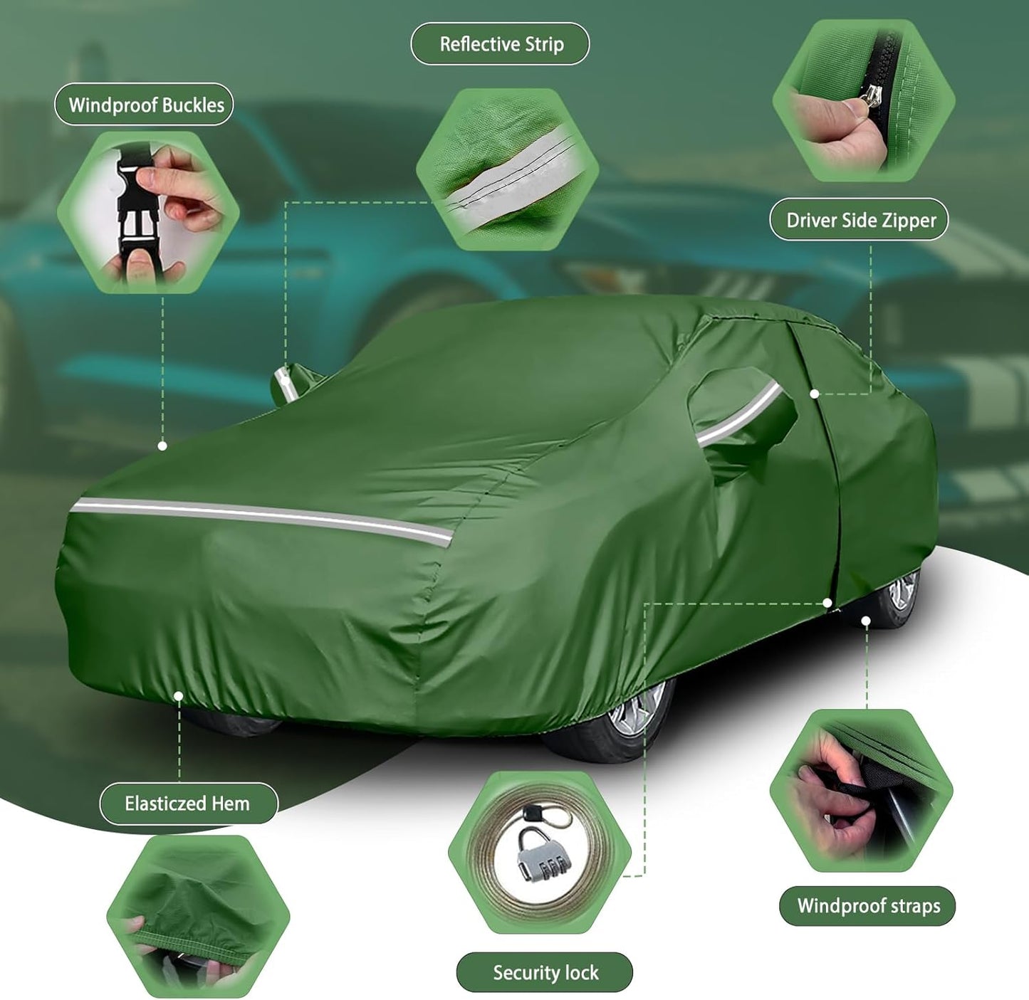 BOSSTONE Car Cover Custom Fit for Corvette C4 1984–1996, Waterproof All Weather for Automobiles Full Exterior Cover Rain Sun Snow Protector with Door Zipper (Green)