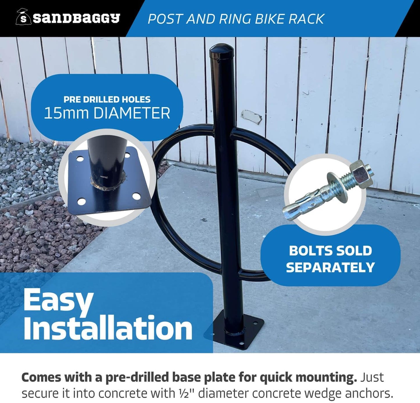 Sandbaggy Post and Ring Bike Rack - Commercial Bike Racks - Galvanized Steel - Anti-Theft Design - In Ground, Apartments, Sidewalks, Industrial (Gray, 1)