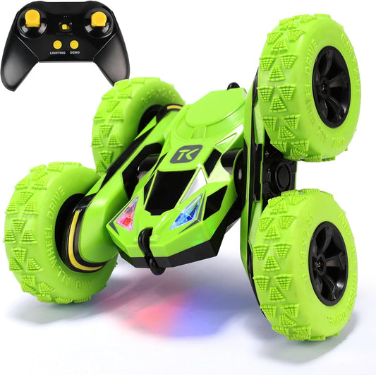 Threeking RC Stunt Cars Remote Control Car Double-Sided Driving 360-degree Flips Rotating Car Toy, Green