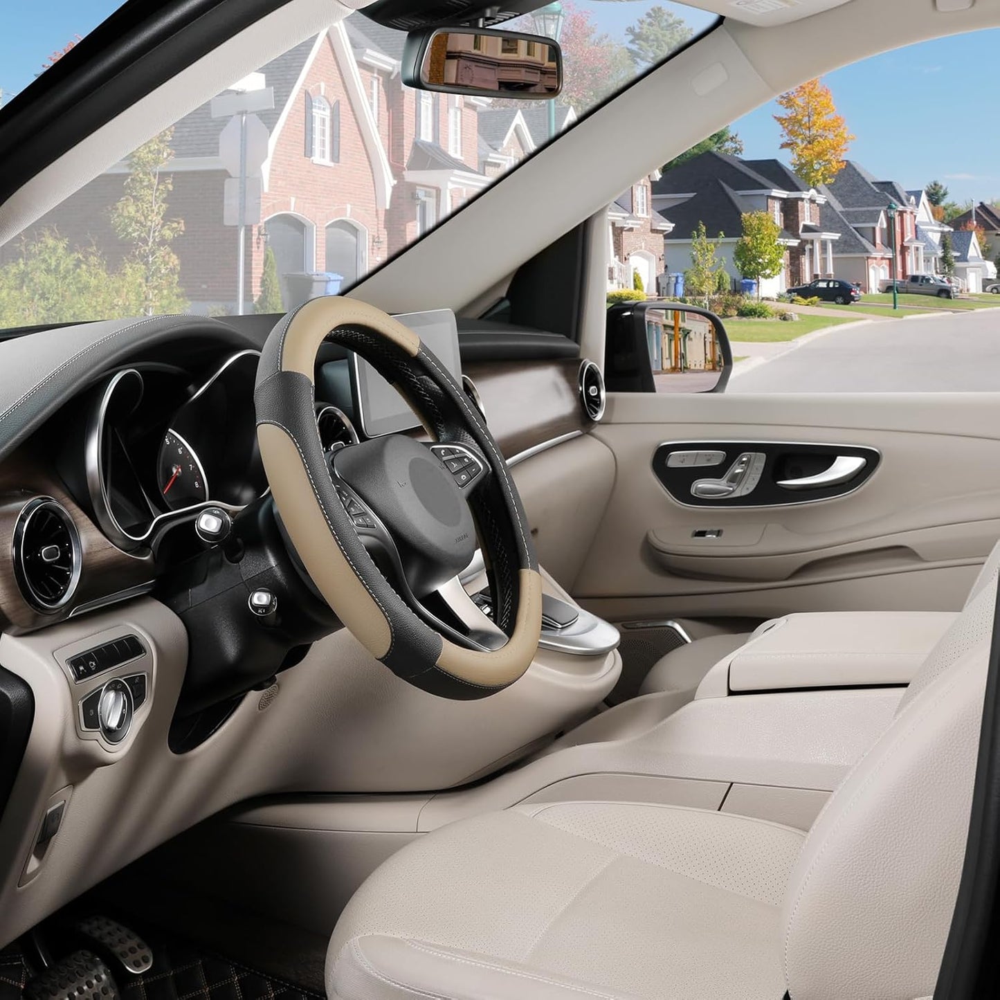 SEG Direct Car Steering Wheel Cover Universal Standard Size 14.5-15 inch, Black and Beige Microfiber Leather