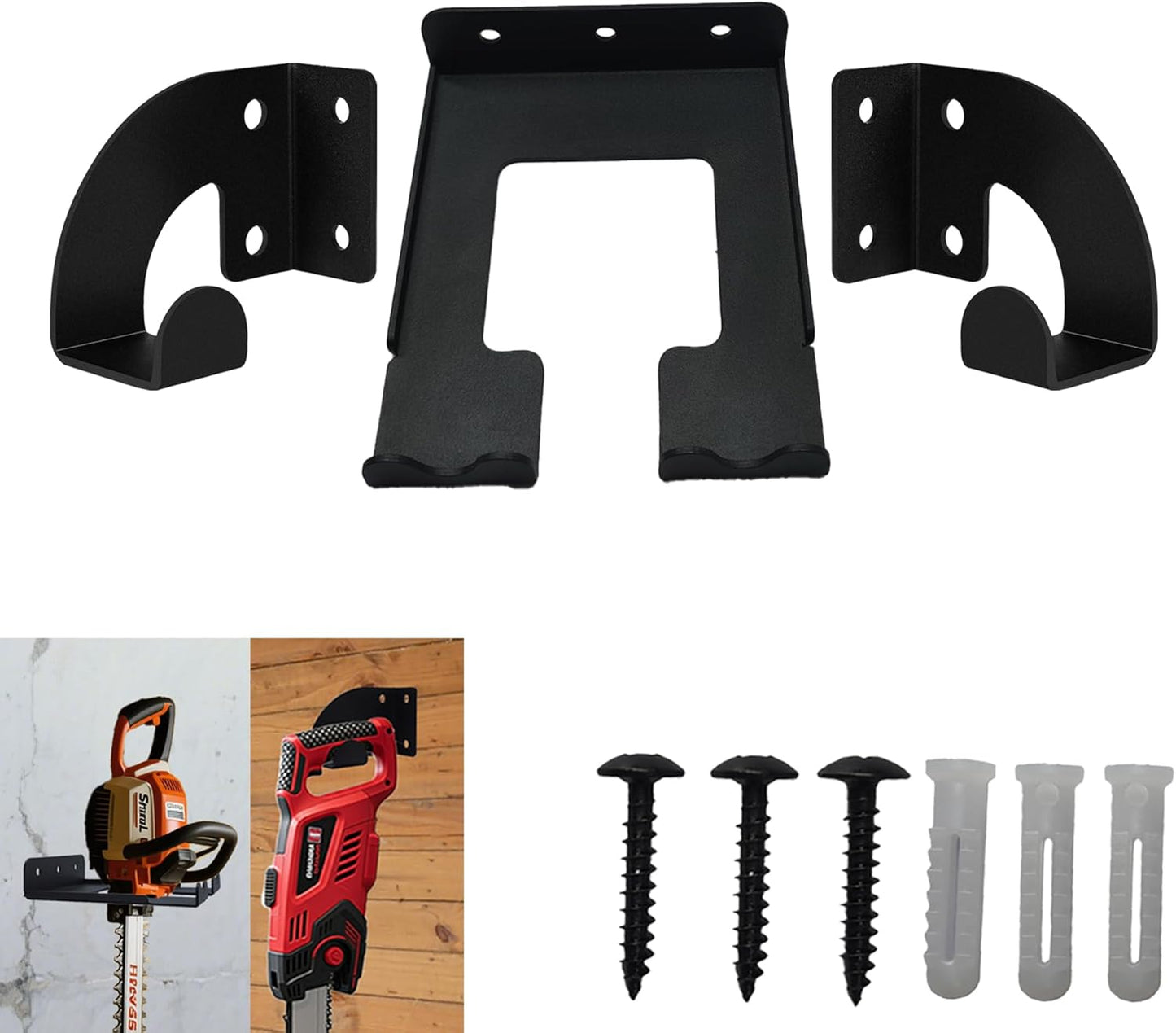 3-Screw Reinforced Weed Eater Hanger, Heavy Duty Steel String Trimmer Rack - Wall Mount Garage Organizer, Garden Tool Holder (5.9x4.9x1.4in) assorted set 2