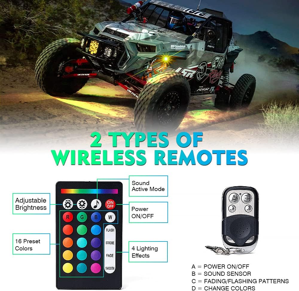 Xprite RGB Bluetooth Rock Lights Kit, Multicolor Neon Lighting Cars Underglow Footwell Wheel Well Light Pods, w/RF Remote Controller for Off-Road, Trucks, UTV, ATV, SUV, RZR, Motorcycles, Boat 8 PCS