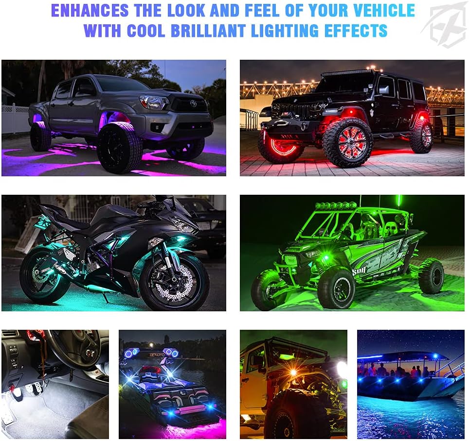 Xprite RGB LED Rock Lights Wide Angle Bluetooth Multicolor Neon Lighting Footwell Underglow Kits w/Wireless Remote, Compatible Jeep Off-Road Trucks Cars UTV ATV SUV RZR Motorcycles Boats 6 Pods