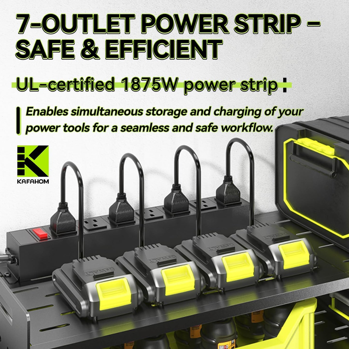 KAFAHOM Power Tool Organizer with Charging Station,9 Drill Holder Wall Mount,4 Layer Durable Metal Cordless Drill Storage for Garage Organization,Battery Tool Rack Built in 7 Outlet Power Strip Black