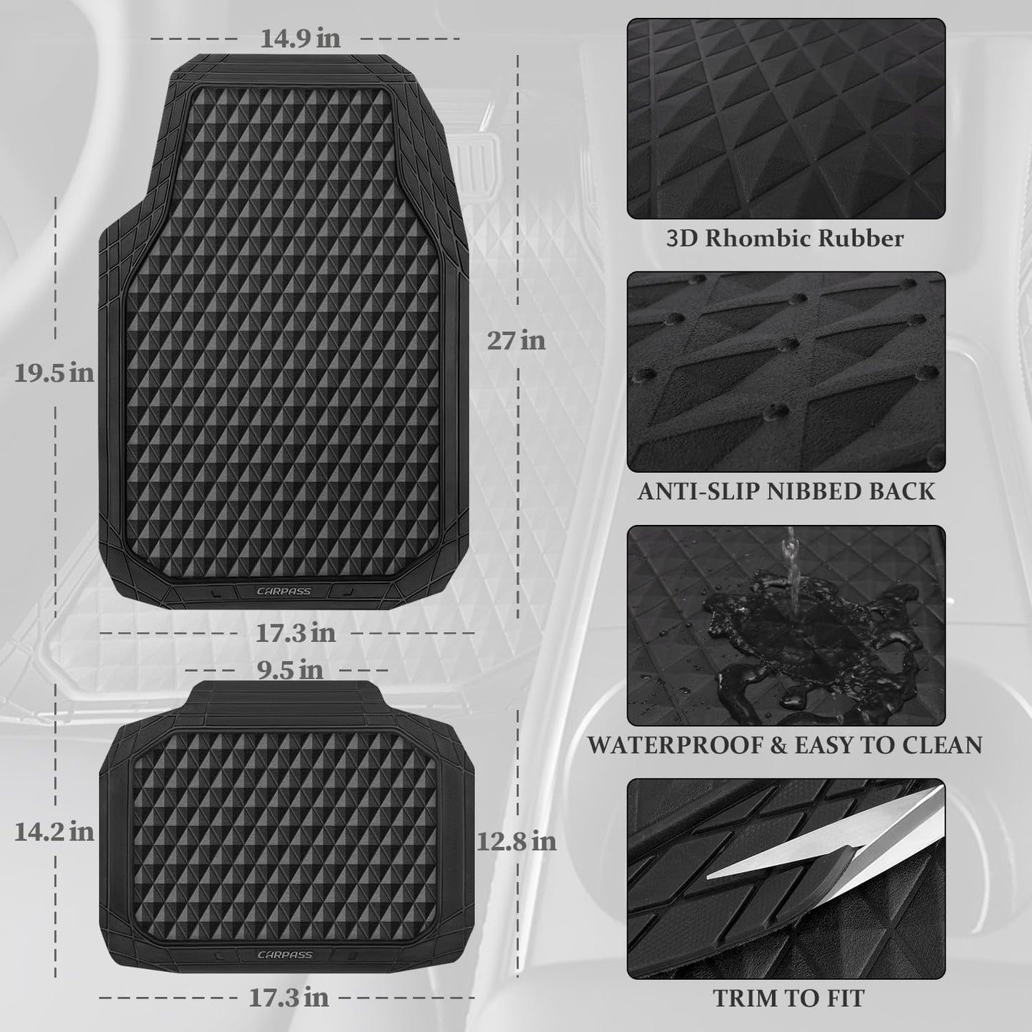 CAR PASS Black Rubber Car Mats, All-Weather Floor Mats Full Set Durable Anti-Slip 3D Rhombus Waterproof Automotive Pad Trim to Fit Liner Universal Fit for Sedan SUV Truck Van, 4 Pcs All Black Rubber