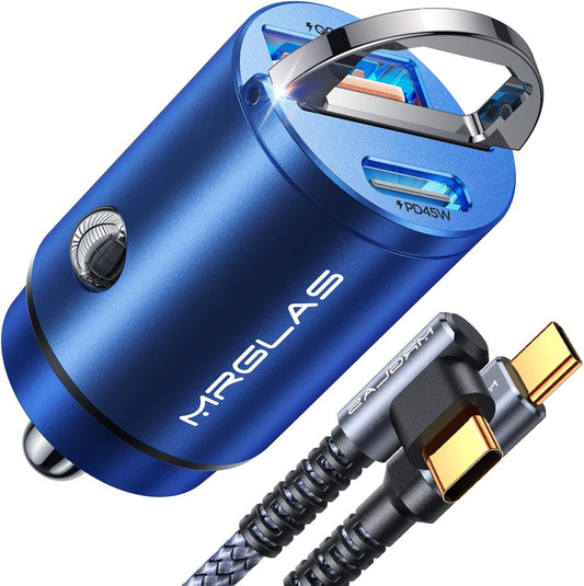 MRGLAS 90W USB C Car Charger Fast Charge, PD45W & QC45W, Flush Fit, Extra 3.3ft Type C Cable, All Metal, Cigarette Lighter USB Charger for iPhone 16 15 Samsung S25 S24 S23 Ultra Pixel 8/8Pro/7-Blue