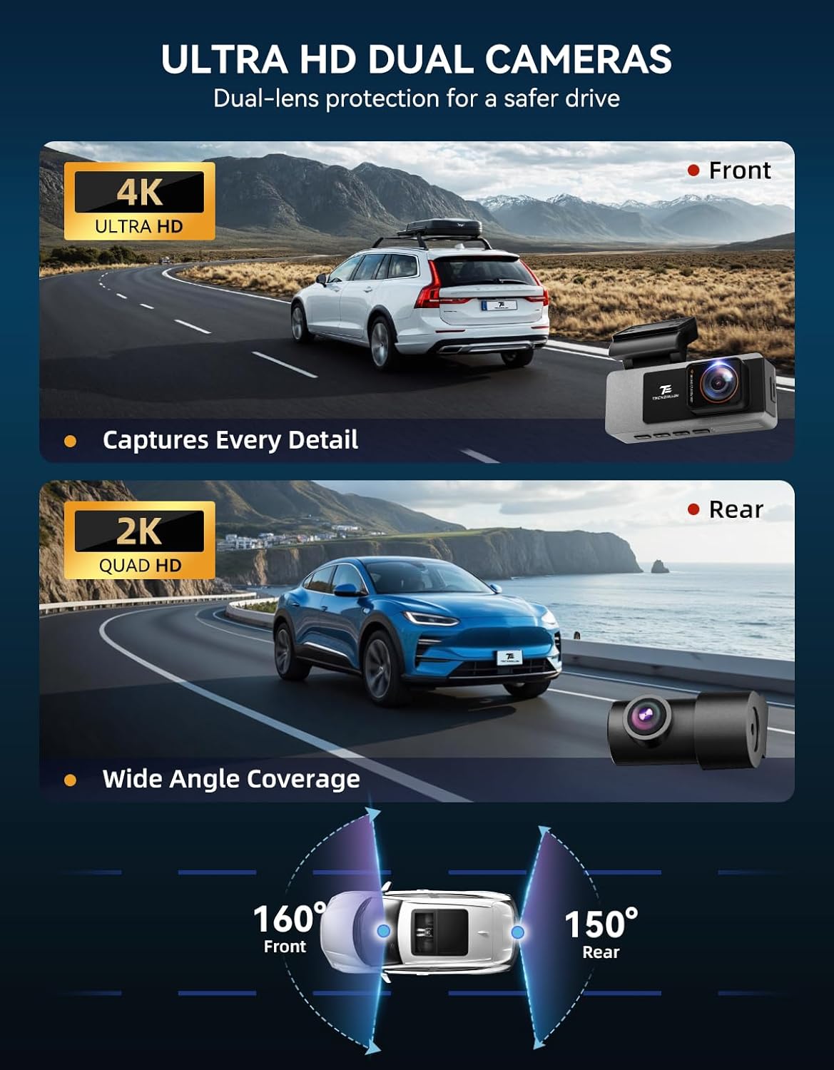 TECXLERON Dash Cam Front and Rear, 4K Dual Dash Cam, Dash Camera for Cars with Starlight Night Vision, 160° Front & 150° Rear Wide Angle, GPS, WDR, G-Sensor, 24H Parking Mode, 64GB Card Included