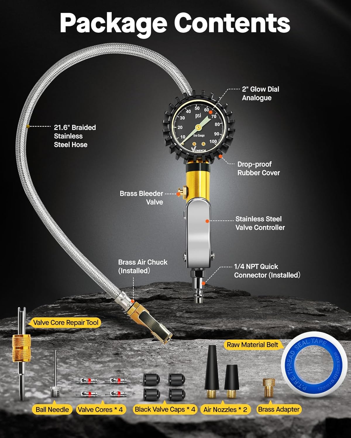 Vondior Tire Inflator with Pressure Gauge(0-100 PSI) - ANSI B40.1 Accurate, Large 2" Glow Dial, Premium Braided Hose, Durable Rubber Hose, Perfect for Any Car, Truck, Motorcycle, RV