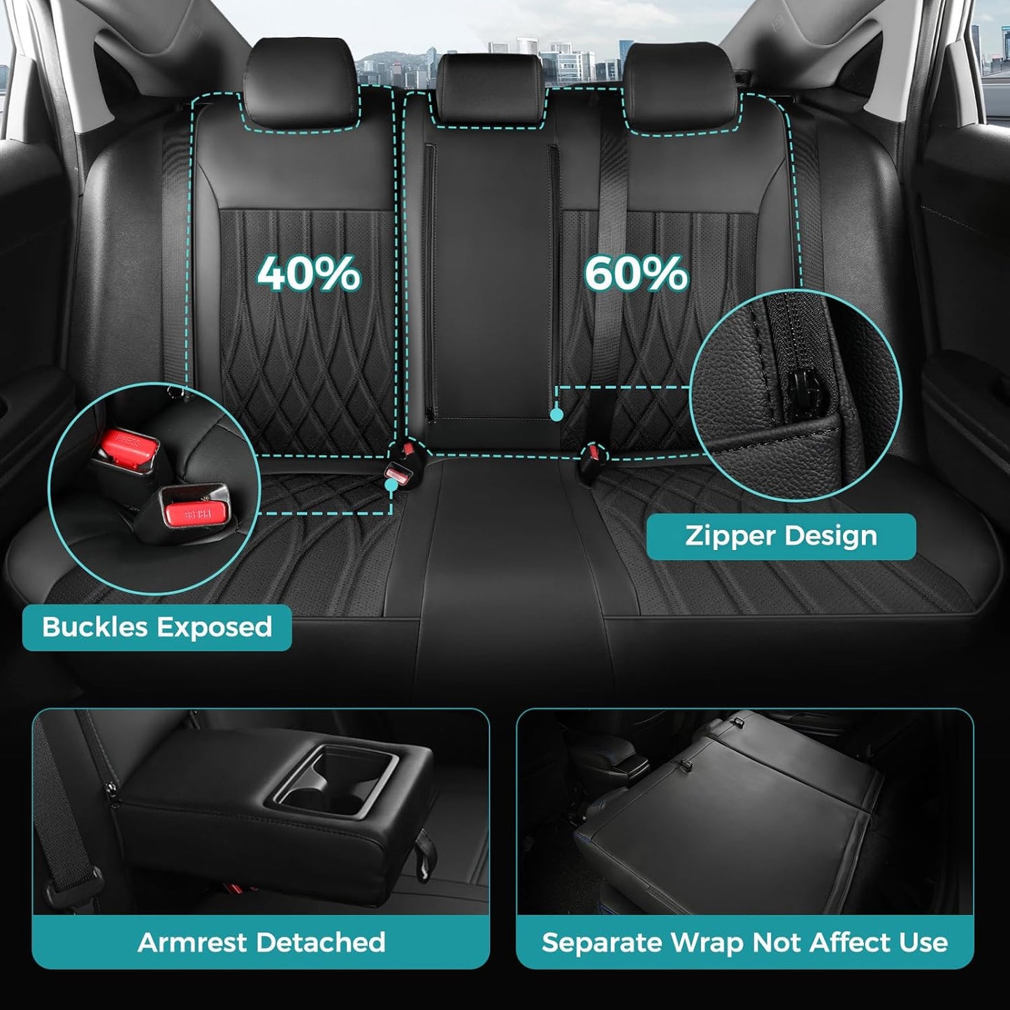 Seat Covers for Honda Civic Sedan 4DR Sedan EX 2022 2023 2024 2025.Faux Leather Car Seats Cover Full Set (Rear Row 40/60 Split & Folding Backrest)-Black