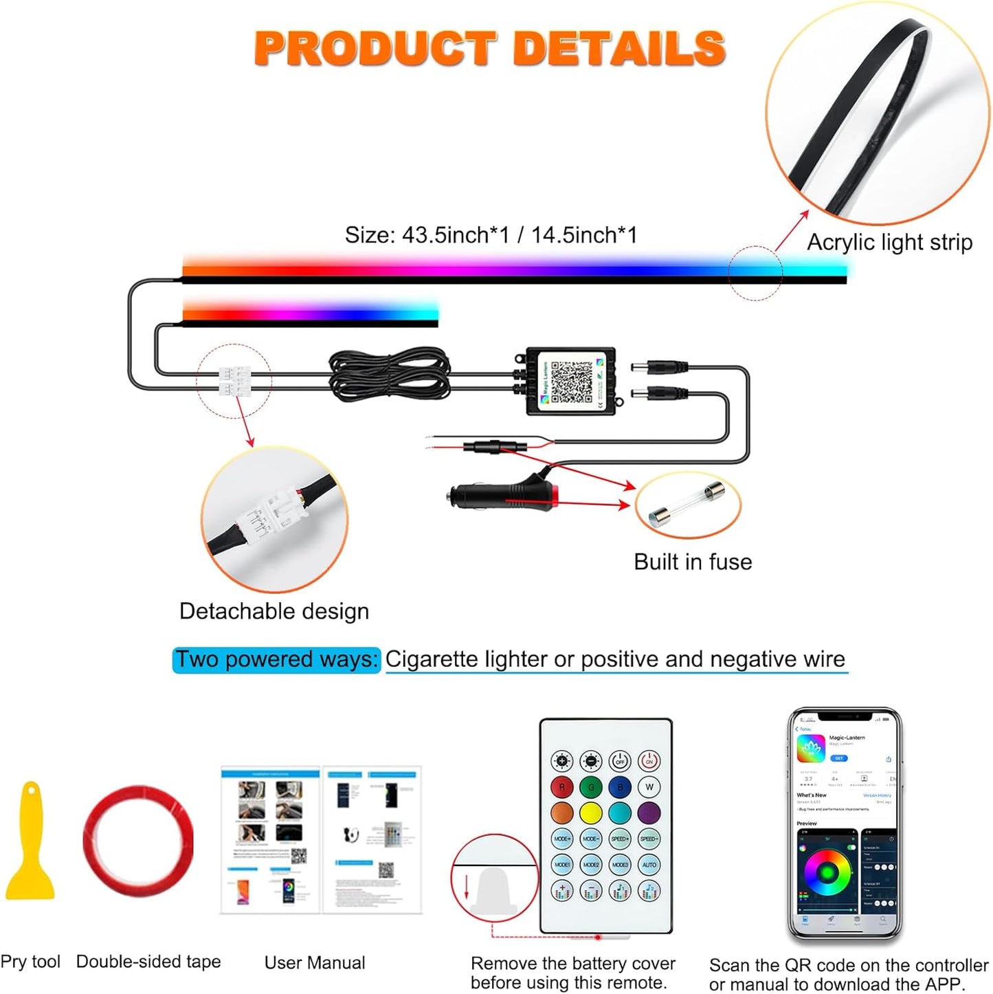 Interior Car LED Strip Lights, Acrylic LED Lights for Car with Dynamic Dreamcolor Chasing, Ambient Lighting Kits Music Sync Wireless APP and RF Remote Control (43.5+14.5'')