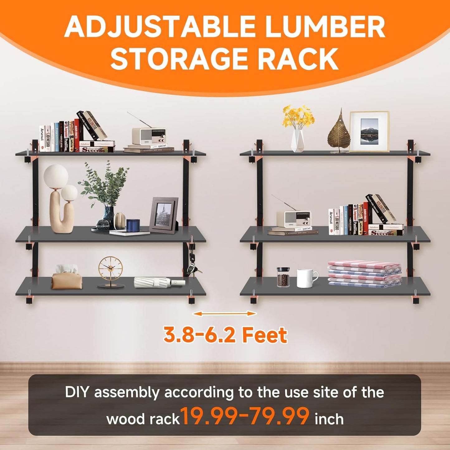 6 Pack Lumber Rack Wall Mount, Heavy Duty Wood Storage Racks, 9-Level System Organizer Shelving, 1080 LBS Capacity Hanging Garage Shelves, Orange Brackets Utility Metal Shelf for Indoor and Outdoor