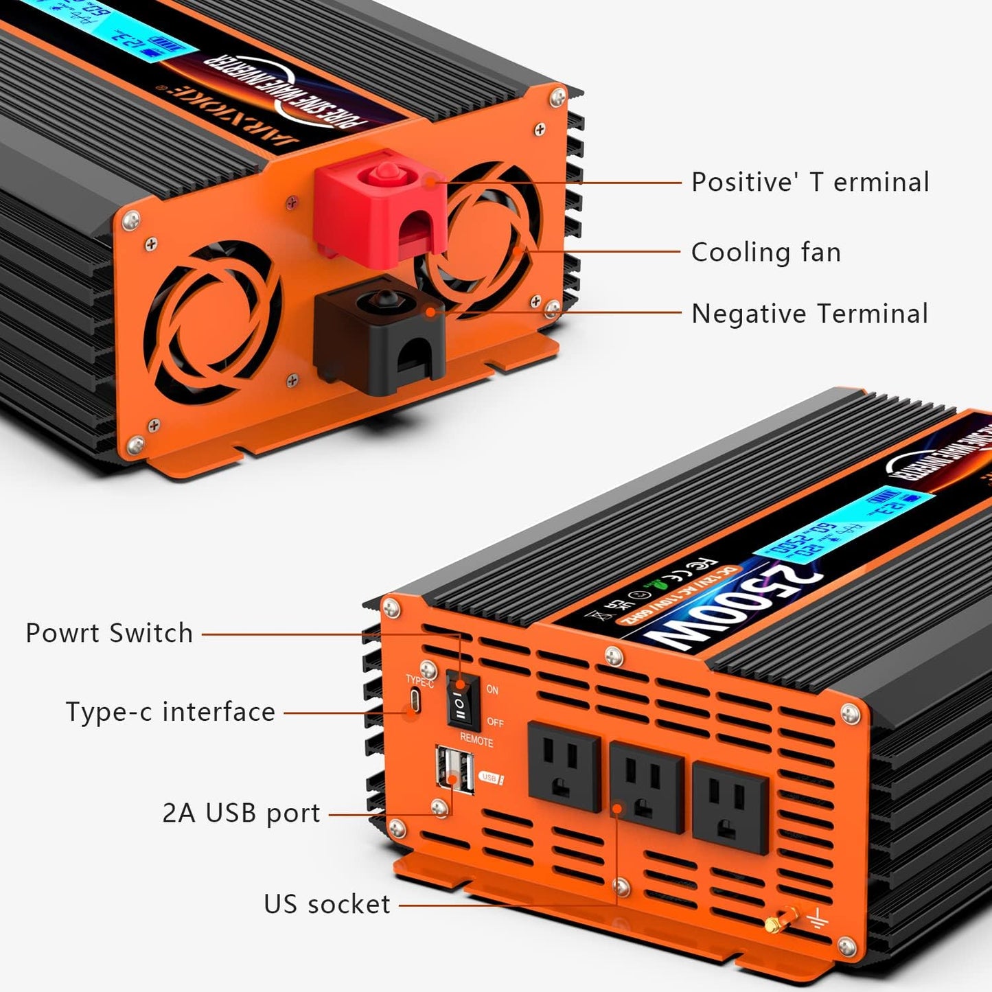 2500 Watt Pure Sine Wave Power Inverter 12V DC to 110V 120V Converter for Family RV Off Grid Solar System Car with Type-C Ports 3 AC Power Outlets Dual USB Ports LCD Display Wireless Remote Control