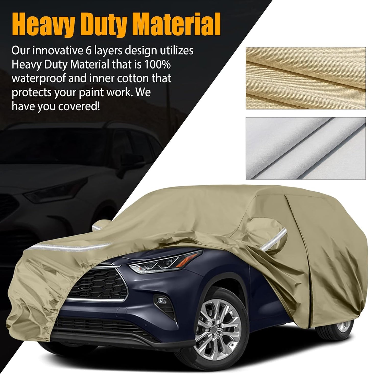 Waterproof Car Covers Replace for 2008-2025 Toyota Highlander, Multilayer Heavy Duty with Cotton Liner All Weather Car Cover with Zipper Door, Windproof Bands for Snow Rain Dust Protection