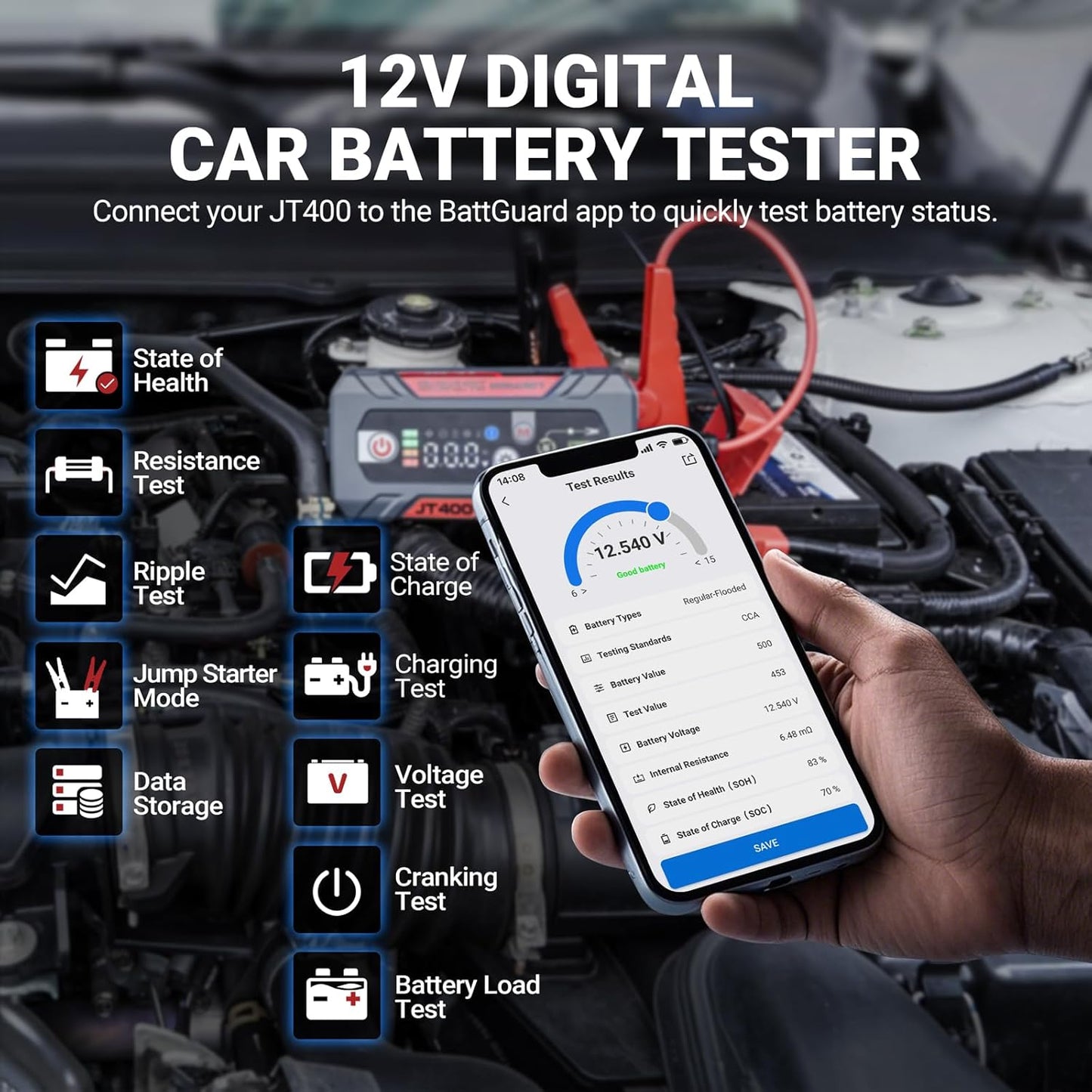JT400 Jump Starter and Battery Tester, 2500A 12V Car Jumper Starter Portable (8.5L Gas/6.5L Diesel Engines), 100-2000 CCA Bluetooth Car Battery Tester Alternator Tester, Smart Digital Screen