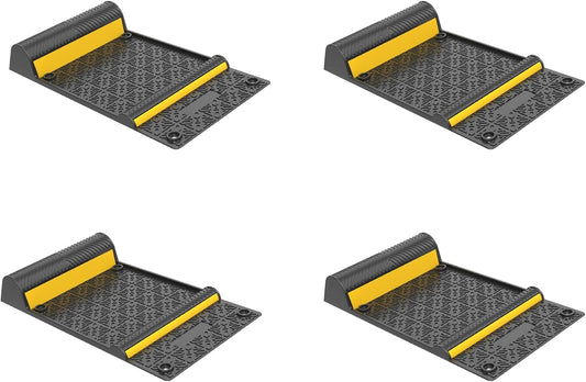 4 Pack Parking Mats for Garage Floors,21.6" X11.4" Durable Rubber Car Parking Guide Mat-Wheel Stopper with Reflective Yellow Strips,Garage Floor Stop Aid for Cars, Trucks, Indoor/Outdoor,Black