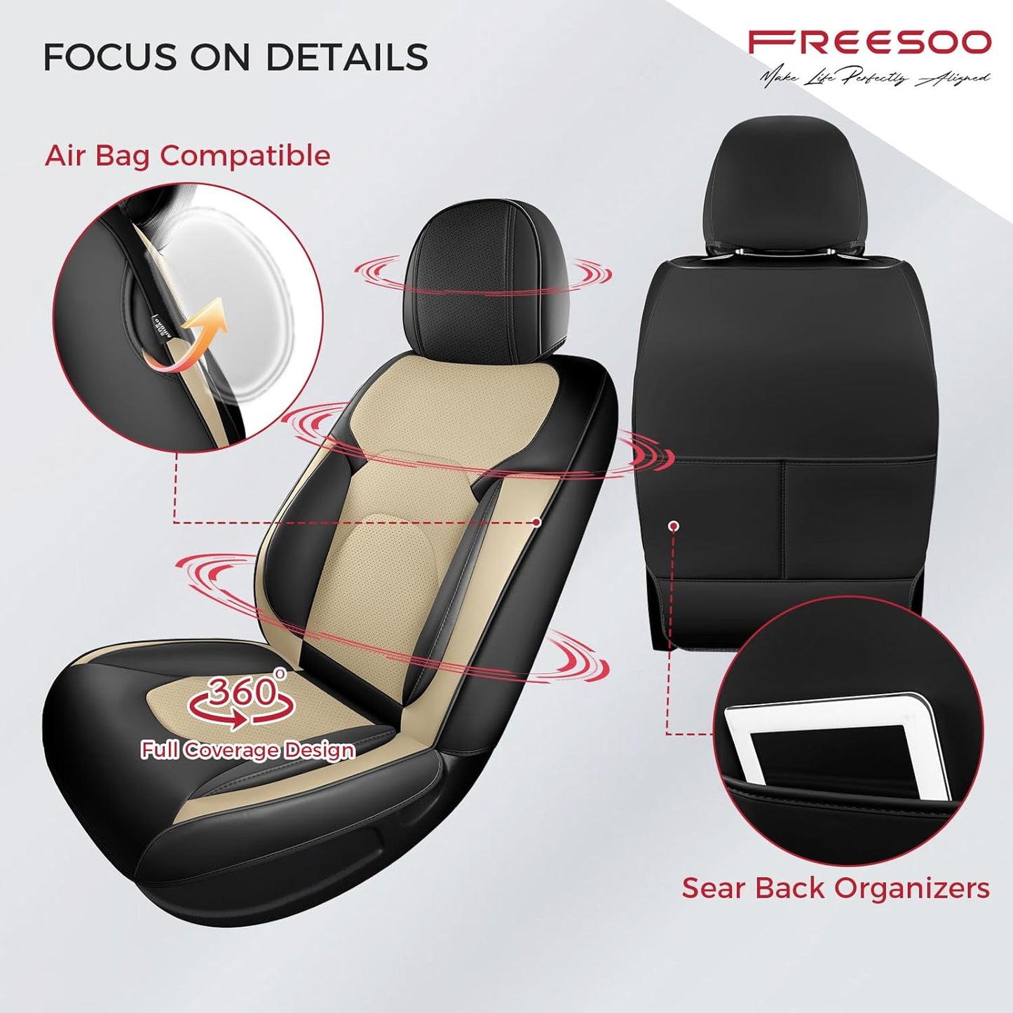 FREESOO Car Seat Covers Full Set,Waterproof Automotive Seat Covers, Leather Cars Interior Covers, Seats Protection Universal fit Babies & Adult (Black Beige)