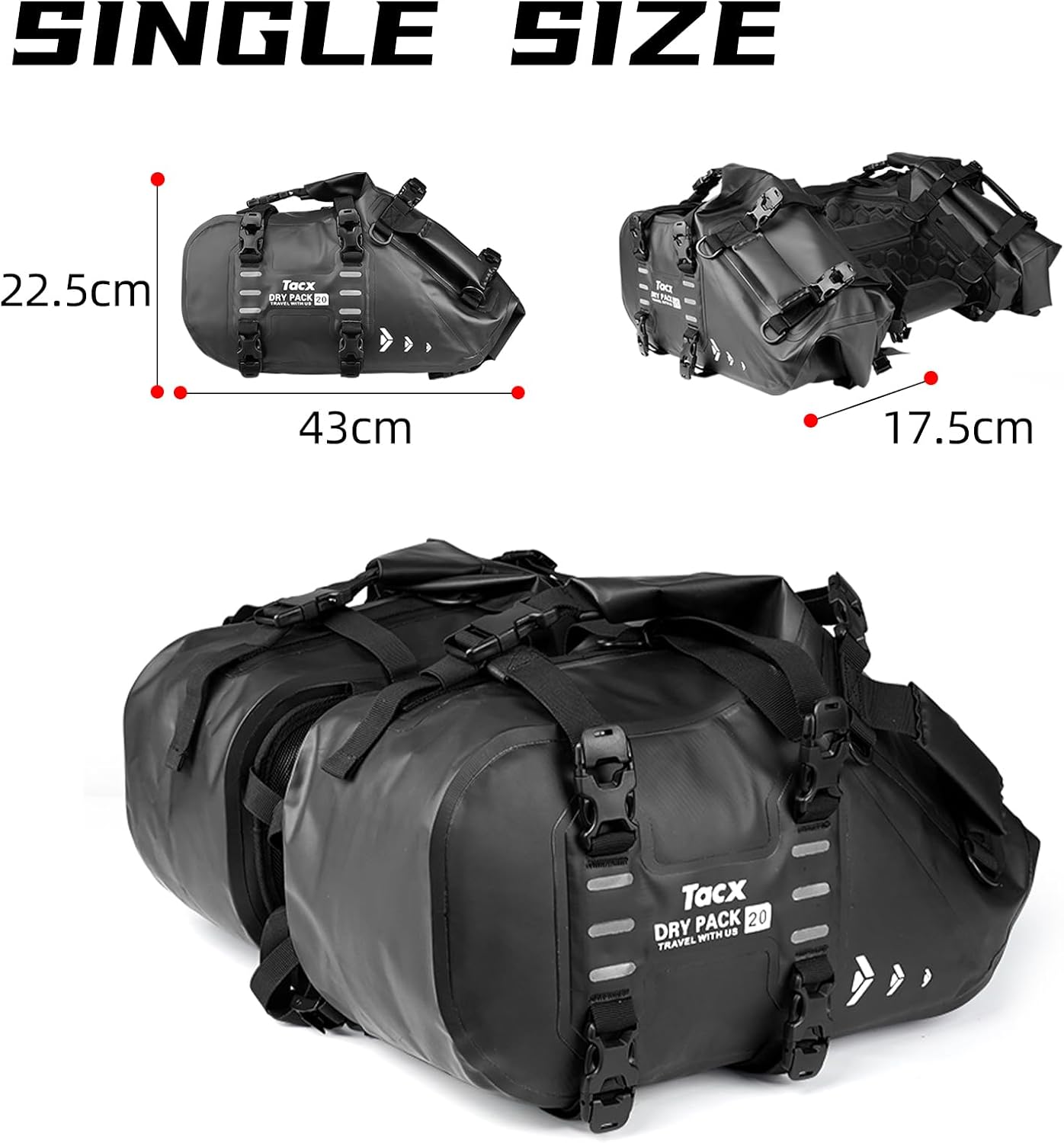 Motorcycle Saddle Bags Tail Bag, 20L Roll-top Waterproof Motor Detachable Side Trunk Bag, Motor Panniers Luggage Bag for Motorcy