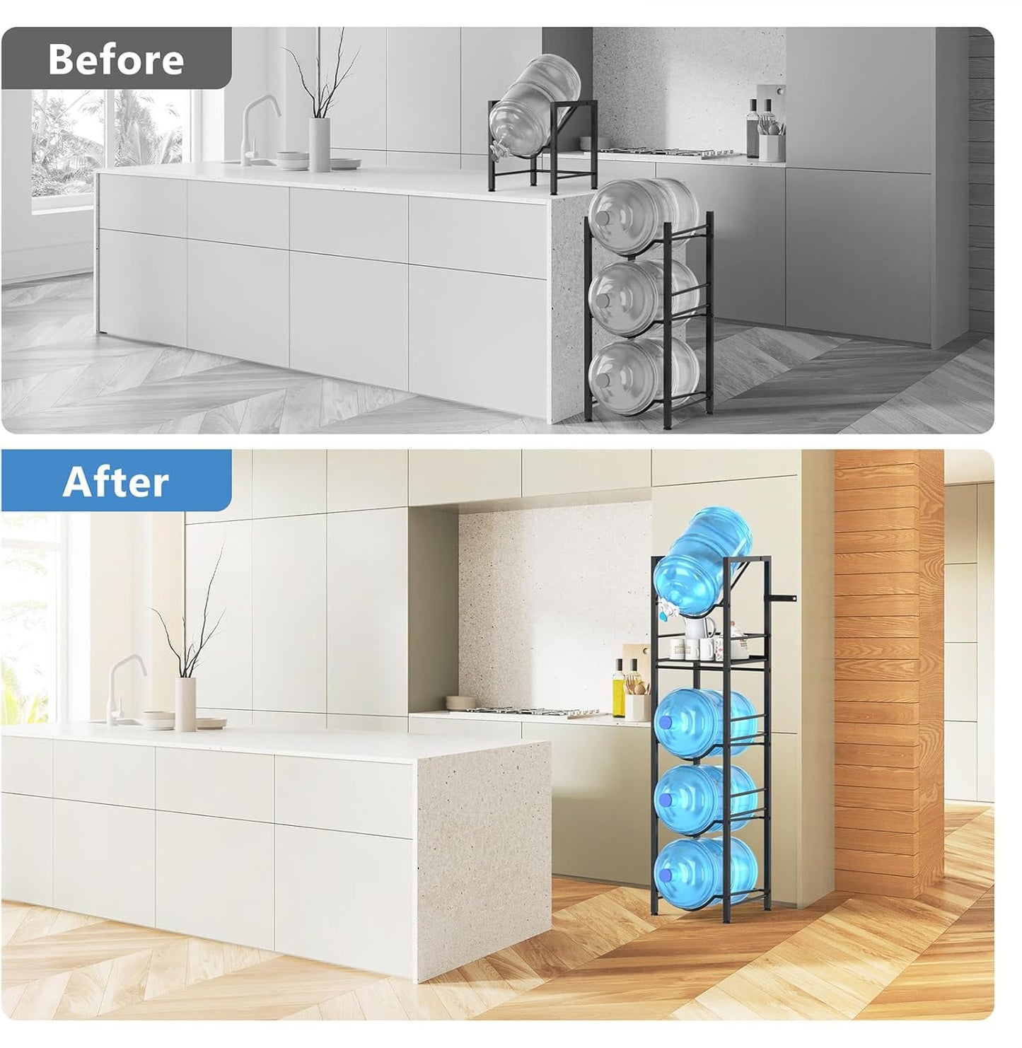 2-In-1 5 Gallon Water Jug Holder, 5 Tier Water Jug Stand Holder with 1 Dispenser Valves, 5 Gal Water Bottle Storage Rack Organizer for Kitchen, Office, Garage