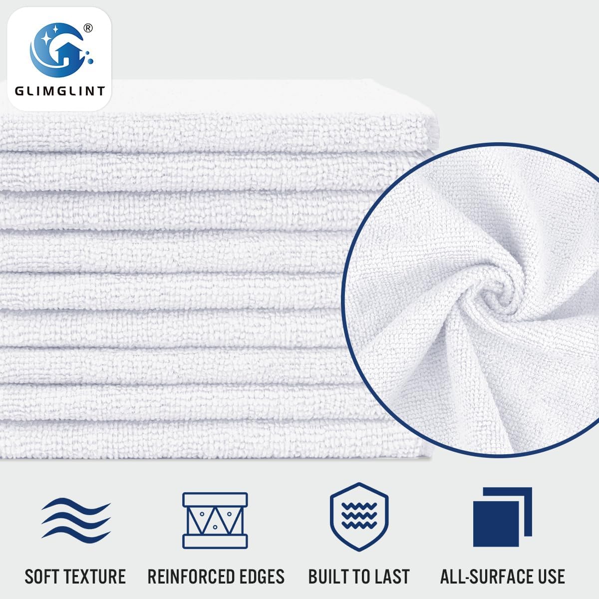 GLIMGLINT White Microfiber Cleaning Cloth, 150 Pack Microfiber Towels for Cars, Lint Free, Scratch-Free, Highly Absorbent, Reusable Cleaning Rags for Car, Household, Shop Towels 14"X12"