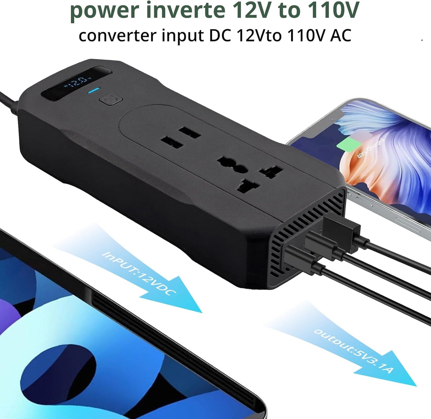 AUTTGINN 200W Car Power Inverter DC 12v to 110v AC Car Plug Adapter Outlet Converter with 24W 3.1A USB and 30W Dual USB-C Car Charger for Laptop Computer Phone