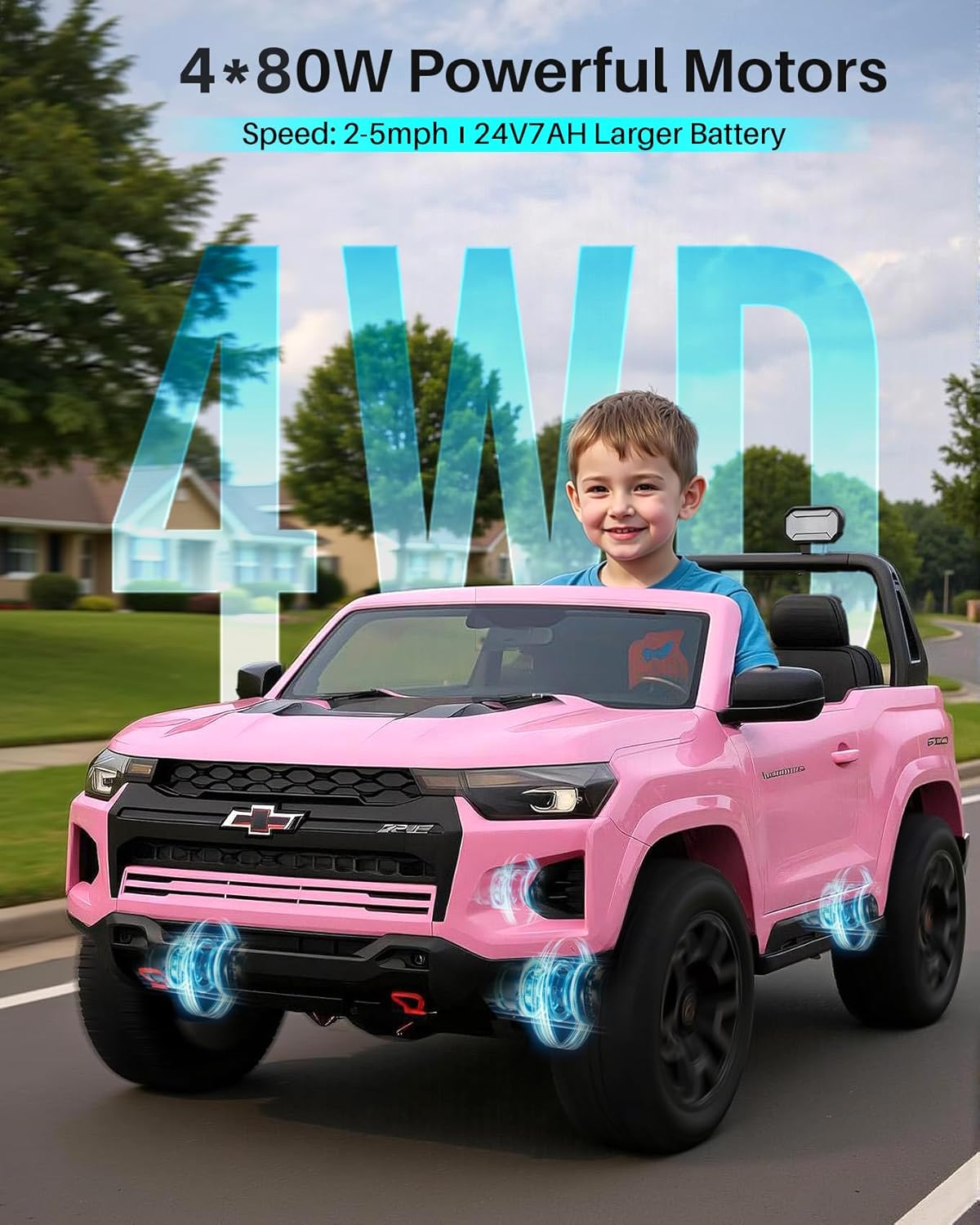 Joywhale 24V Ride on Truck 4WD Kids Electric Vehicle Licensed Chevorlet Ride on car with 7AH Big Battery, 320W Powerful Motors, 2 Seats, Music, 4 Wheel Suspension, 2 Speeds, LED Lights, Rose Red