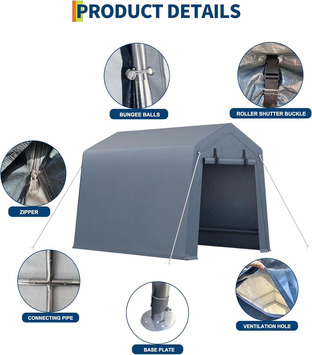 6x6 FT Outdoor Storage Shed, Portable Carport with Roll-up Ventilated Zipper Door and Windows, Heavy Duty Waterproof Tarp, Storage Sheds for Motorcycle, Bike, Firewood, Garden Tools