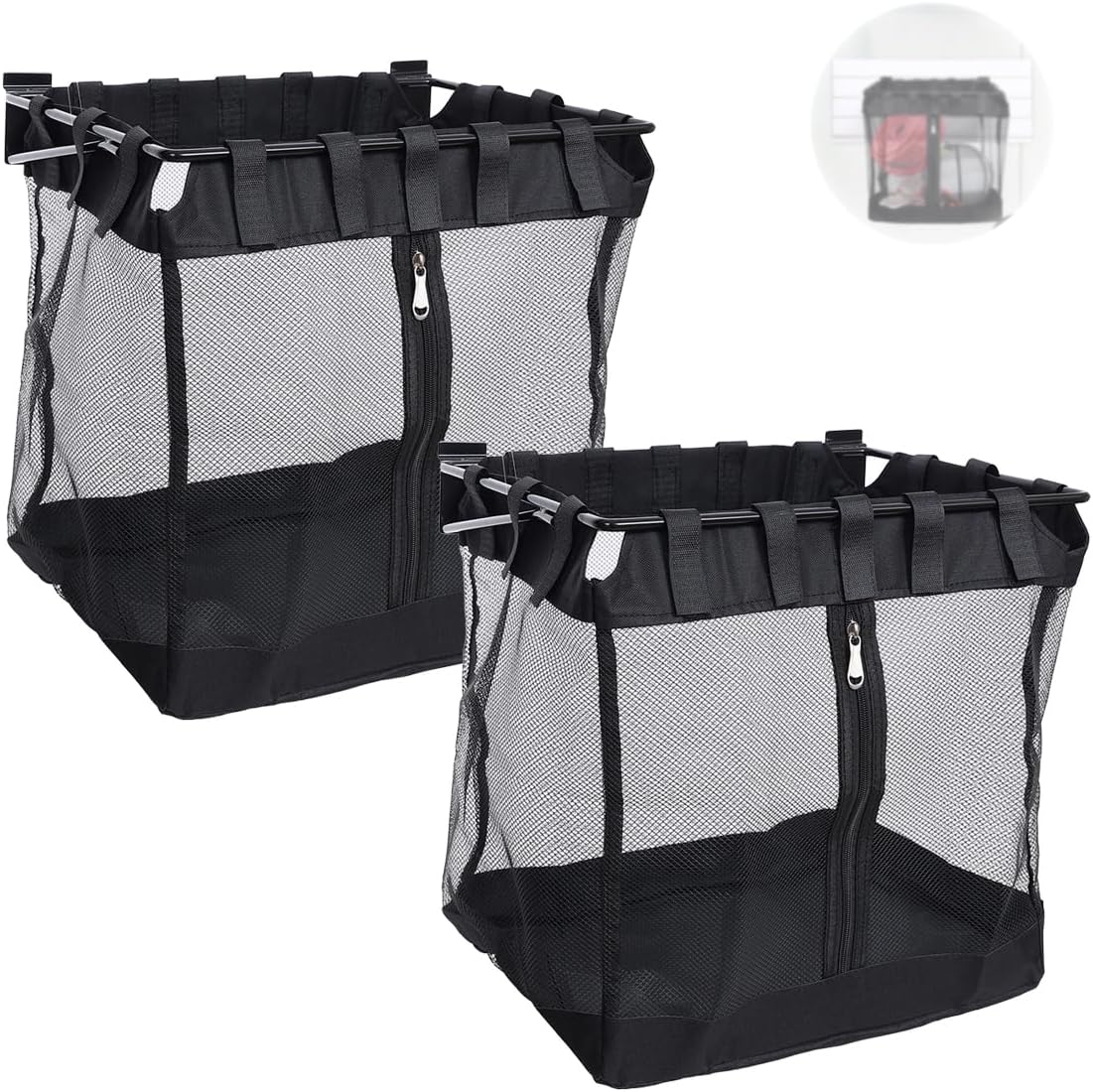 2Pcs Large Slatwall Baskets Mesh Slatwall Baskets with Zipper Mounted Storage Baskets Hanging Slatwall Accessories for Shops Rooms Storage Display Organizing(16 * 12 * 16inch)