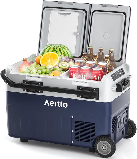Aeitto 12 Volt Car Refrigerator, 42QT(40L) Dual Zone Portable Car Fridge Freezer -4℉-68℉ Electric Cooler Dual Temp Control Cooling Freezing 12/24V DC & 100-240V AC for Travel, Camping, RV, Road, Home