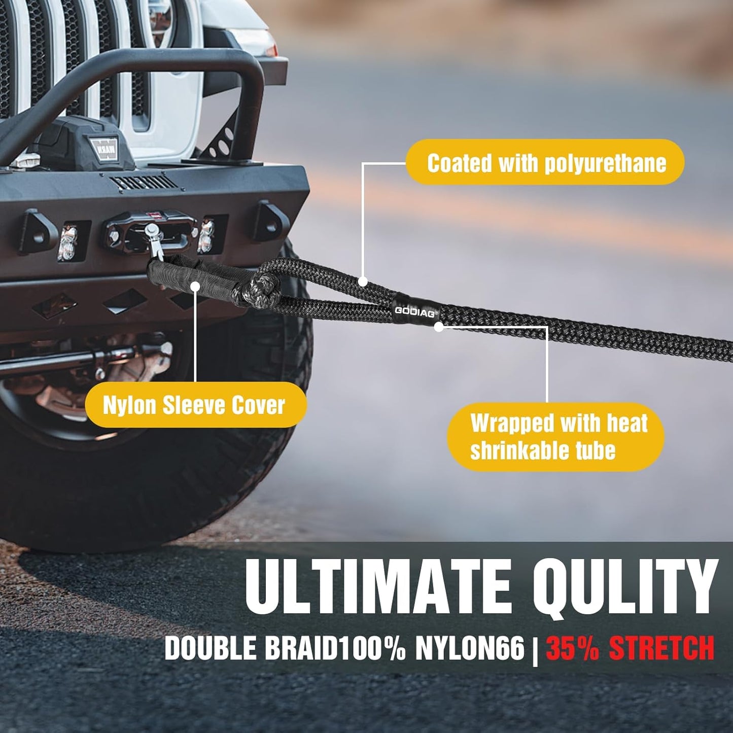 GODIAG 1"×30ft Kinetic Recovery Tow Rope (46500lbs) Heavy Duty Energy Rope with 2 Soft Shackles, 30% Elasticity Offroad Power Strap for Truck Jeep Car ATV UTV Tractor