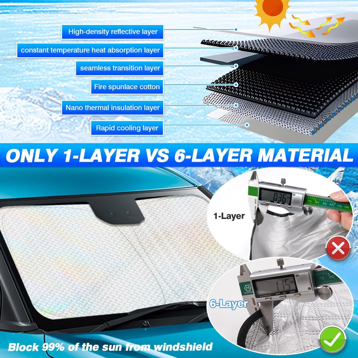 Windshield Sun Shade for 2016-2025 2026 Honda Pilot Accessories Thicken 6-Layer Foldable Front Window Sunshade Cover Sun Visor Protector Block UV Rays Keep Vehicle Cool