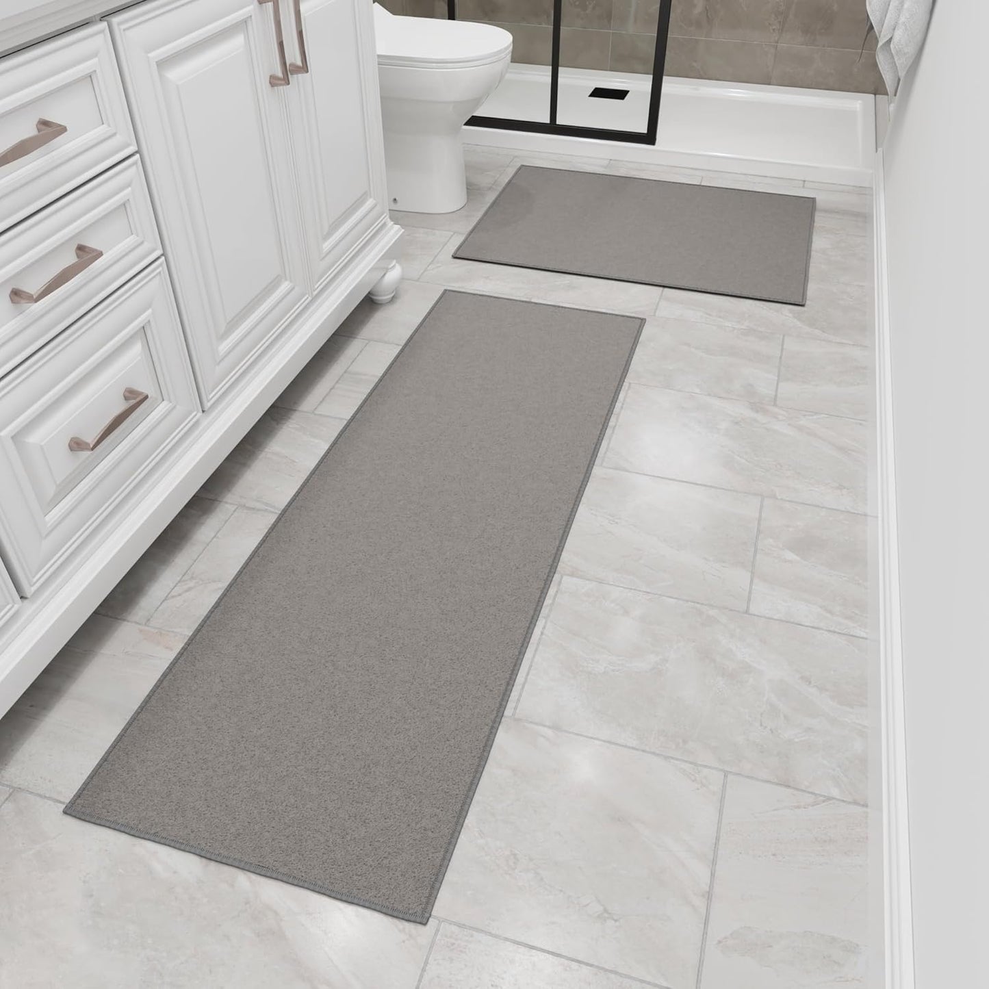 Ottomanson 2-Piece Kitchen Rug Set - Non Slip, Runner & Small Area Rug - Solid - 20" x 59" & 2'3" x 3' - Durable, Stain Resistant for Entryway, Bedroom and Bathroom, Gray