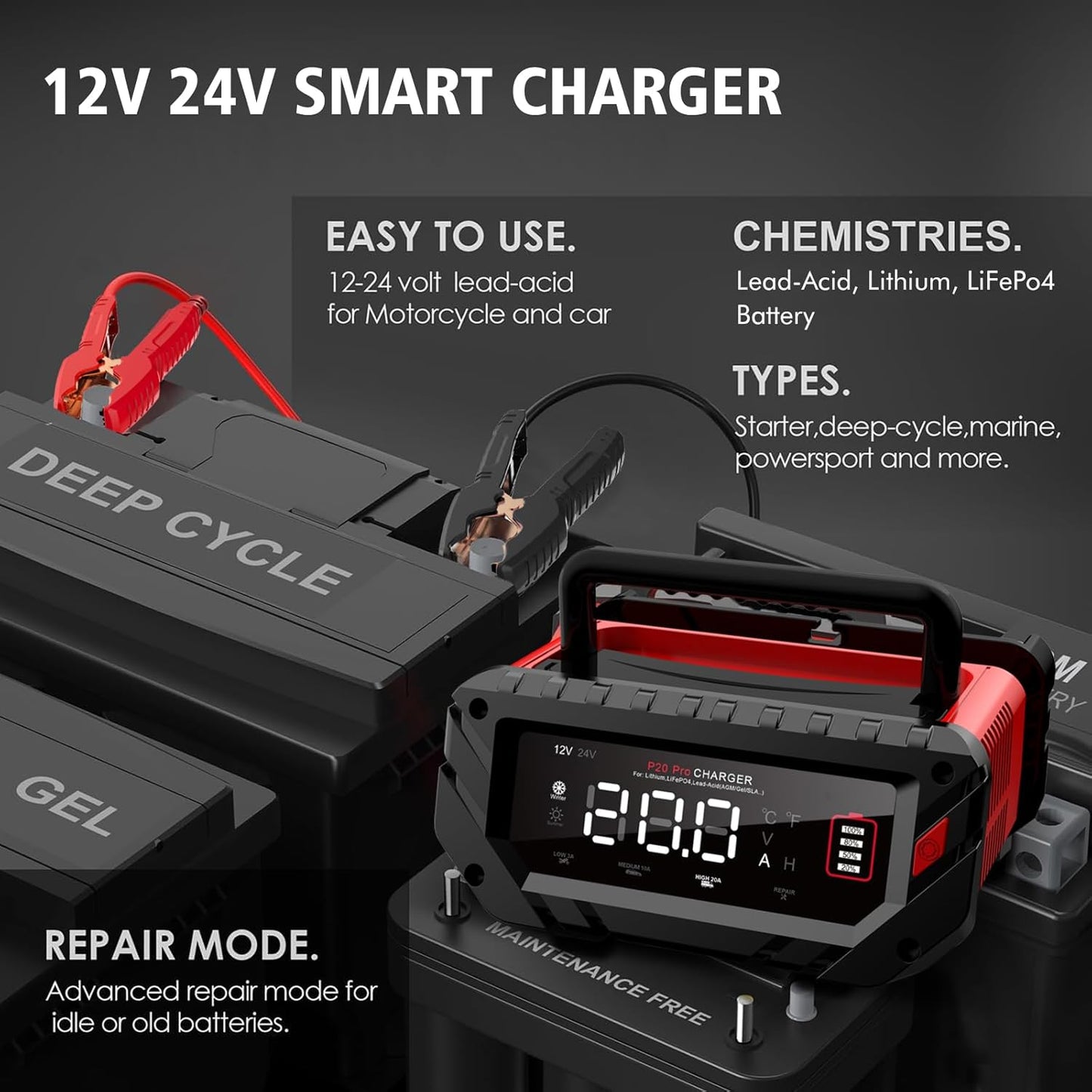 20-Amp Car Battery Charger, 12V/24V Smart Automotive Charger, Battery Maintainer, Trickle Charger for Car, Motorcycle, Boat, Lead-Acid, Lithium, LiFePo4 Battery