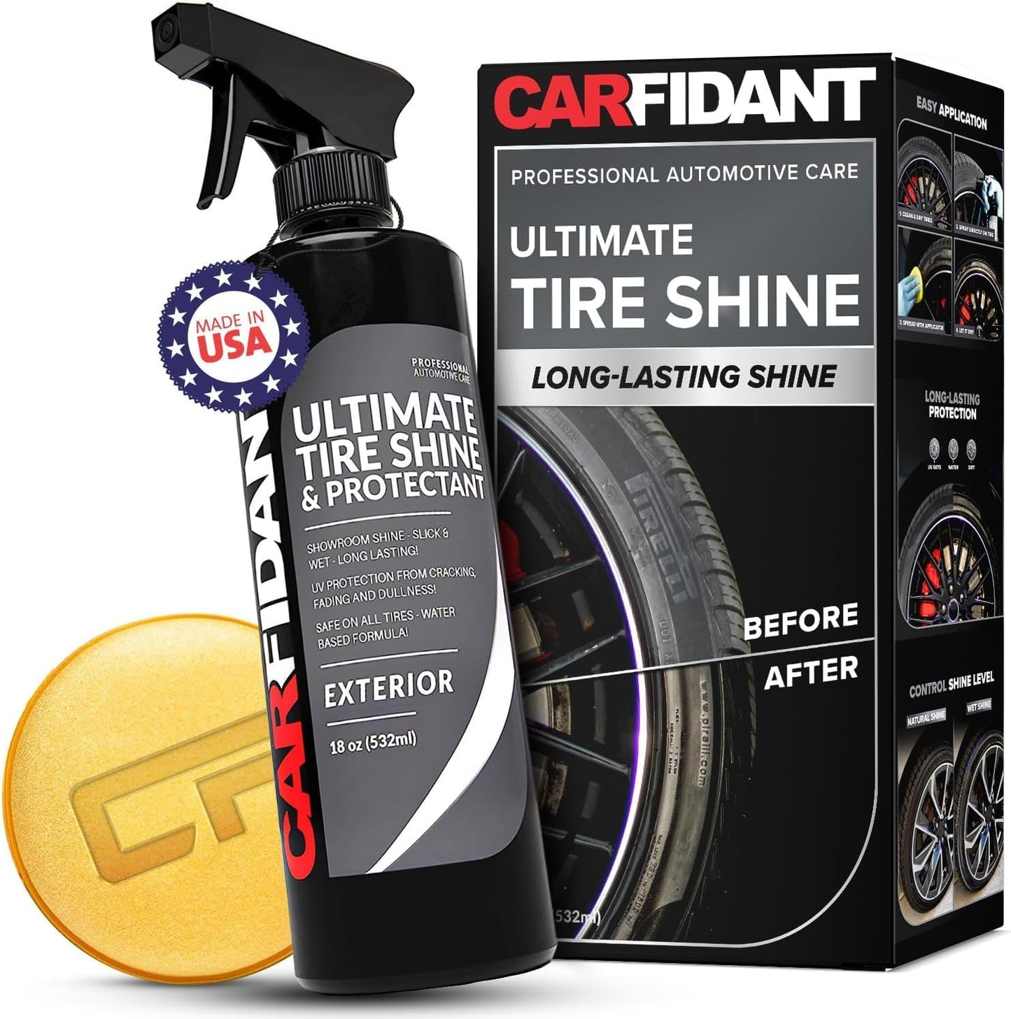 Carfidant Tire Shine Spray - Black Satin Finish - Premium Car Tire Dressing - Long Lasting - No Sling No Grease Formula with UV Protection - 18 fl. Oz with Applicator Pad