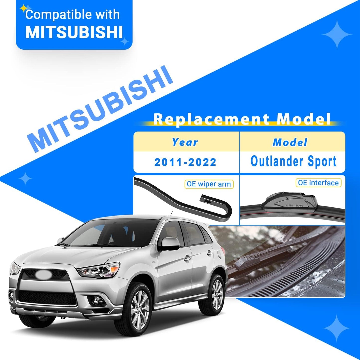 Windshield Wiper Blades Replacement for Mitsubishi Outlander Sport 2011-2022 Original Factory Quality Front Rear Wipers Blade Set for My Car - 24" 21" 10" (Pack of 3)