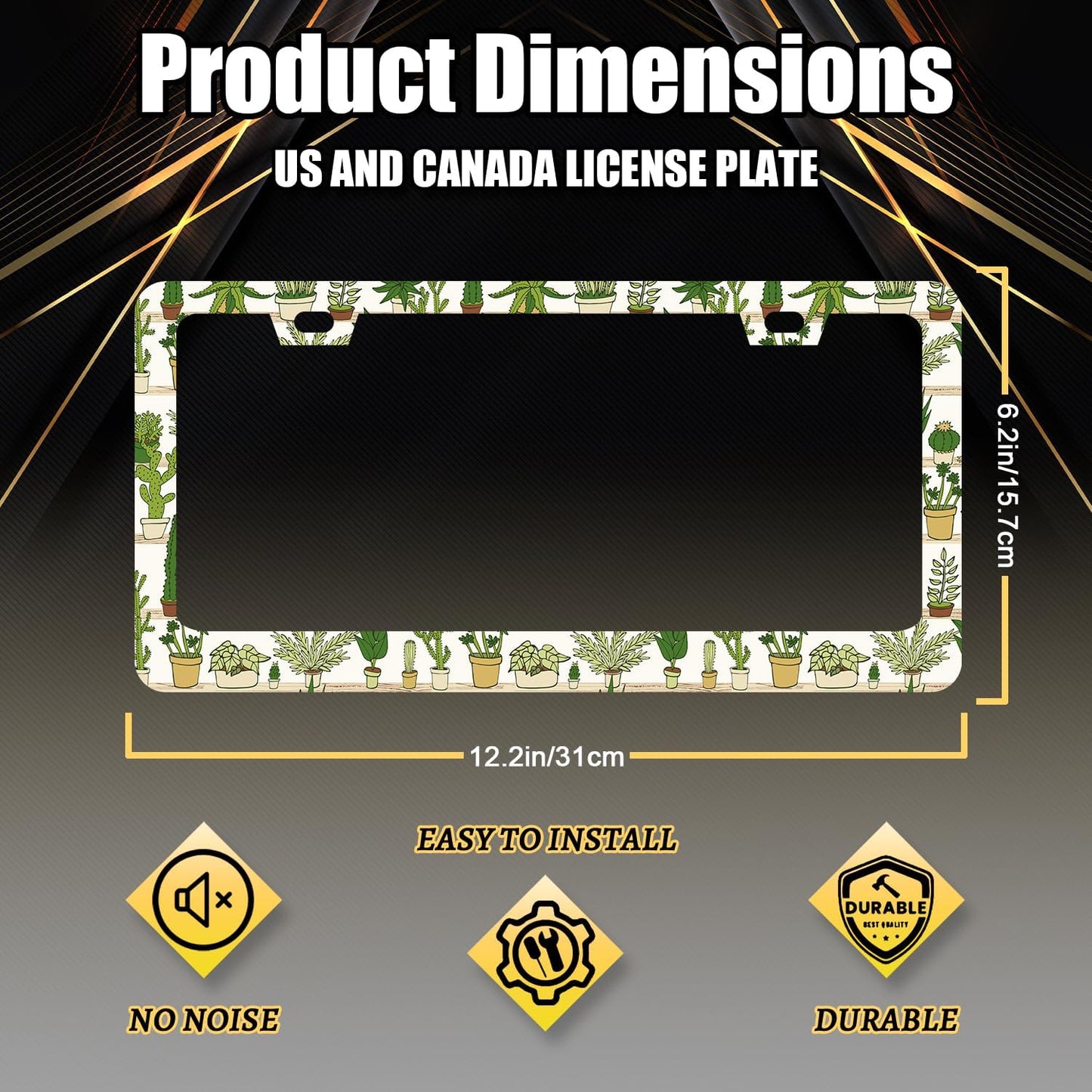 Cute Cactus License Plate Frame Tropical License Plate Holder Stainless Steel Funny Design Compatible with Standard License Plate for USA Canada 12.3" x 6.3" with 2 Screws