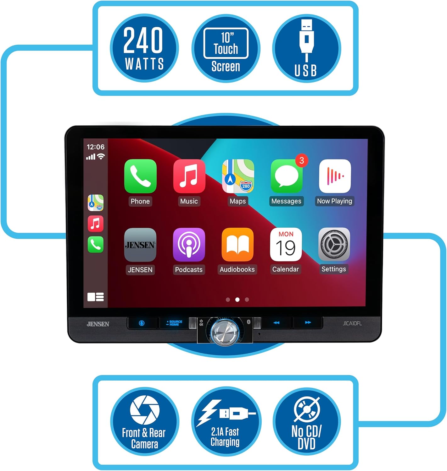 Jensen J1CA10FL-BUC 10.1-inch CarPlay Android Auto Car Stereo with Backup Camera and Additional Camera for Front of Car