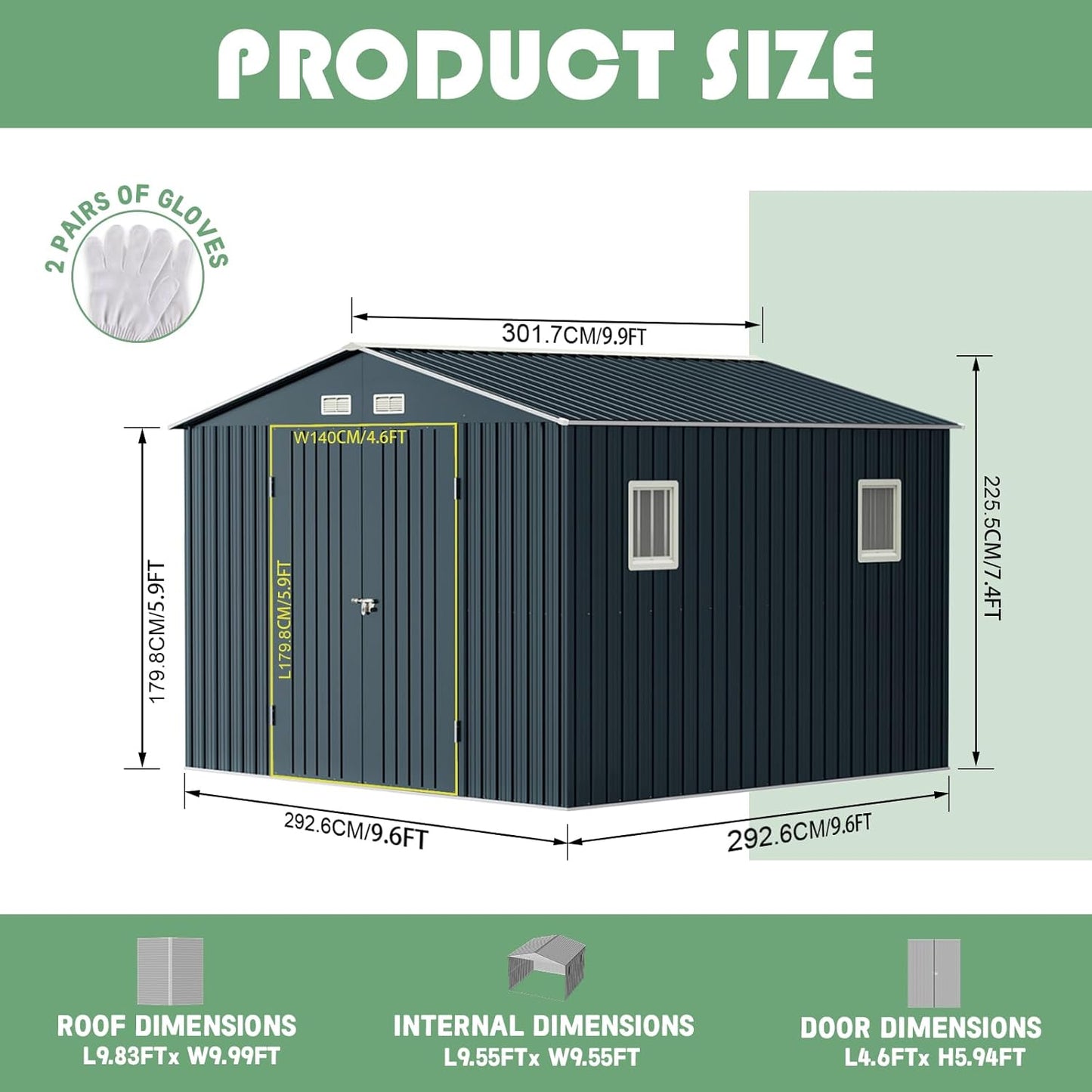 Breezz Outdoor Storage Shed 10 x 10 ft. Utility Tool Shed Metal Storage Garden Shed with Lockable Doors, Windows & Metal Frame Floor for Patio Storage,Nightblue