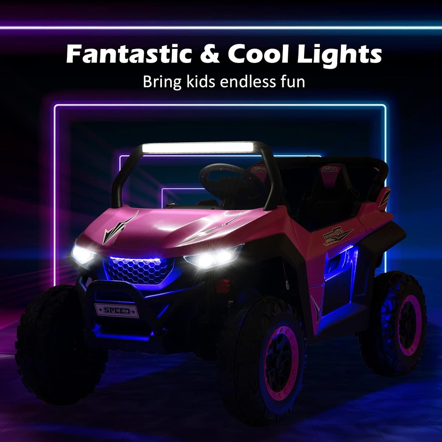 Costzon 2-Seater Ride on Car for Kids, 12V Kid' Electric Vehicles w/Remote Control, 4 Shock Absorbers, Wireless Music & FM, 3 Speeds, Ambiance Lights, Electric UTV, Kids Car for Boys Girls (Pink)