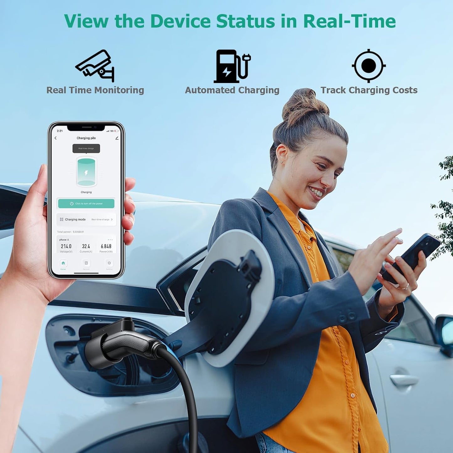 Level 2 EV Charger 48Amp, Indoor/Outdoor Electric Car Charger EVSE SAE J1772, NEMA 14-50 Plug, 25ft Cable, Start Charge Timer, WiFi Enabled